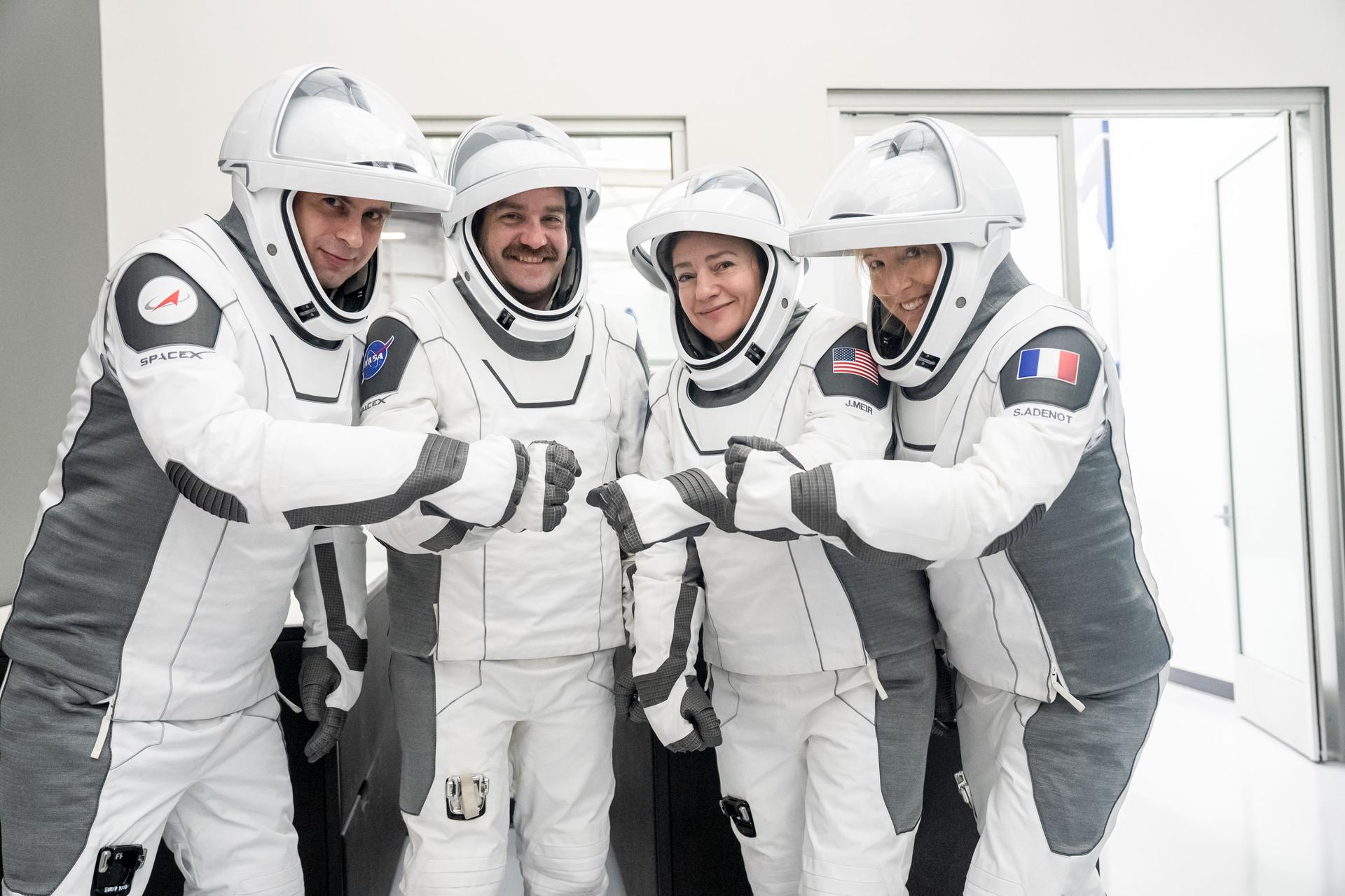 The four members of NASA's SpaceX Crew-12 mission to the International Space Station pose together for a crew portrait in their pressure suits at SpaceX headquarters in Hawthorne, California. From left are, Roscosmos cosmonaut and Mission Specialist Andrey Fedyaev, NASA astronauts Jack Hathaway and Jessica Meir, Pilot and Commander respectively, and ESA (European Space Agency) astronaut and Mission Specialist Sophie Adenot.