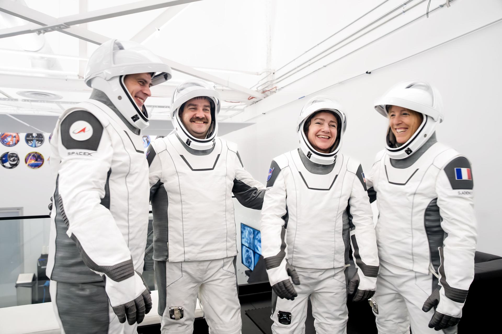The four members of NASA's SpaceX Crew-12 mission to the International Space Station pose together for a crew portrait in their pressure suits at SpaceX headquarters in Hawthorne, California. From left are, Roscosmos cosmonaut and Mission Specialist Andrey Fedyaev, NASA astronauts Jack Hathaway and Jessica Meir, Pilot and Commander respectively, and ESA (European Space Agency) astronaut and Mission Specialist Sophie Adenot.