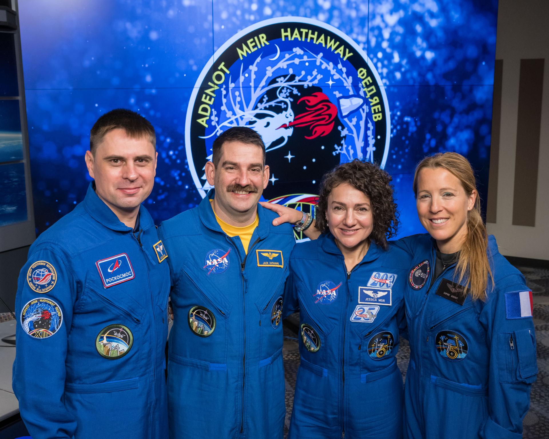 The four crew members representing NASA's SpaceX Crew-12 mission to the International Space Station pose for a portrait at the Johnson Space Center in Houston, Texas. From left are, Roscosmos cosmonaut and Mission Specialist Andrey Fedyaev, NASA astronauts Jack Hathaway and Jessica Meir, Crew-12 Pilot and Commander respectively, and ESA (European Space Agency) astronaut and Mission Specialist Sophie Adenot.