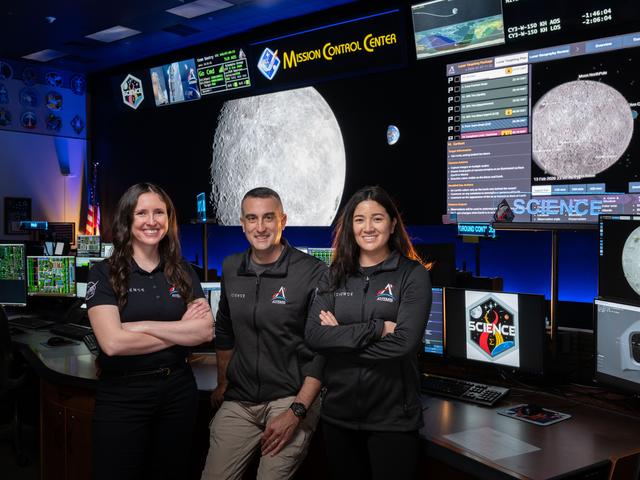 Artemis science officers, from left, Kelsey Young, Trevor Graff, and Angela G...