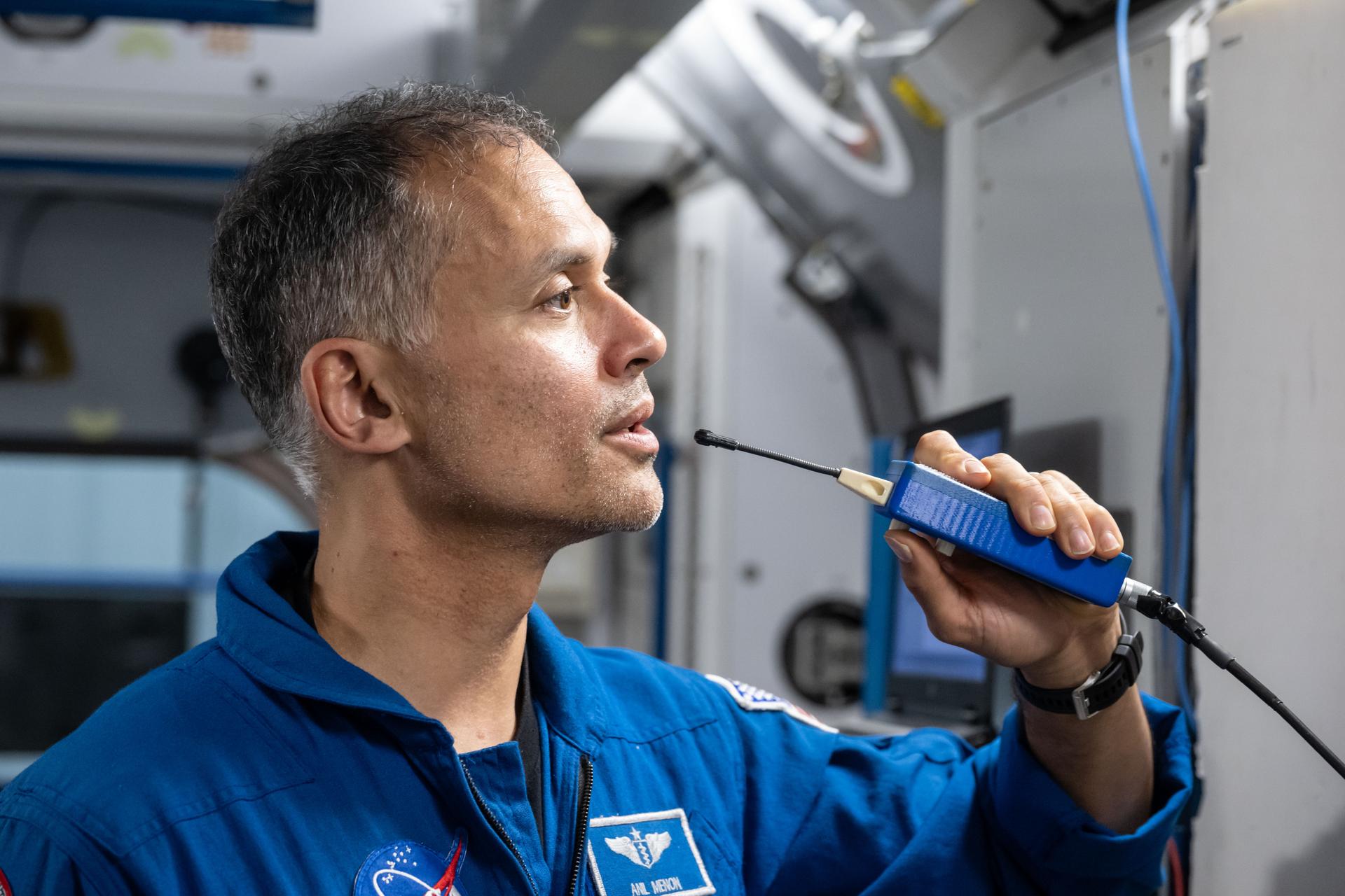 NASA astronaut and Expedition 75 flight engineer Anil Menon participates in an emergency training session at Johnson Space Center's Space Vehicle Mockup Facility in Houston, Texas, ahead of his upcoming mission to the International Space Station.