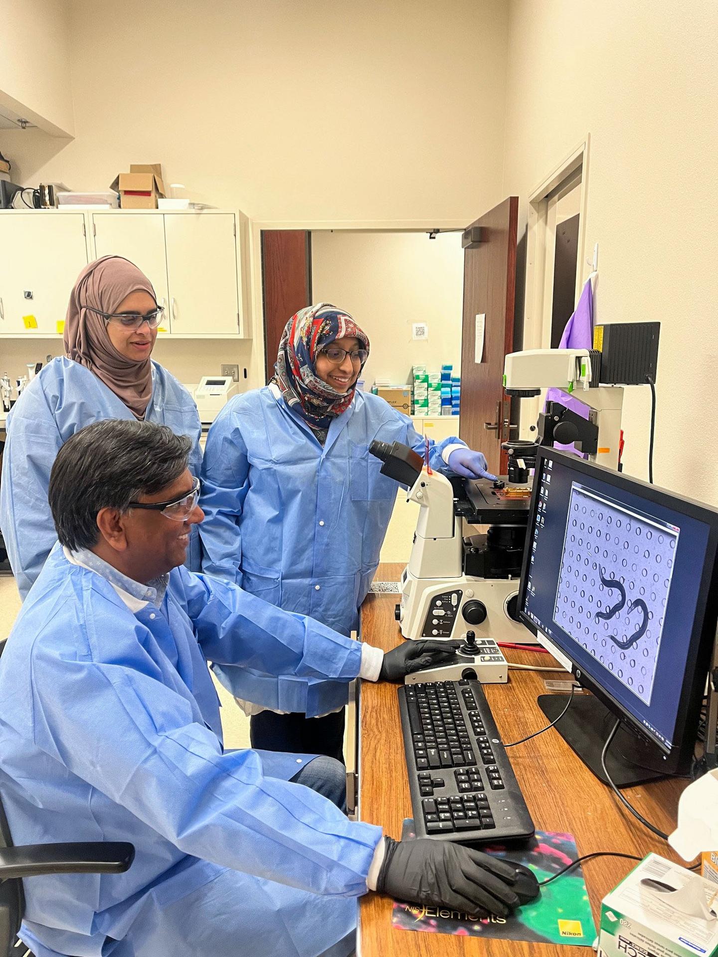 C. elegans Biological Investigation on Microbiome Effect in Space (CBIOMES) team scientists Dr. Siva Vanapalli, Bushra Rahman, and Atiyya Saroyia, examining worms loaded in NemaCapsules--microfluidics-integrated biocells. This investigation studies how spaceflight impacts the relationship between organisms and their gut microbiome by observing changes in nematodes down to the cellular level to identify ways to maintain microbiome stability. Credit: Texas Tech University.