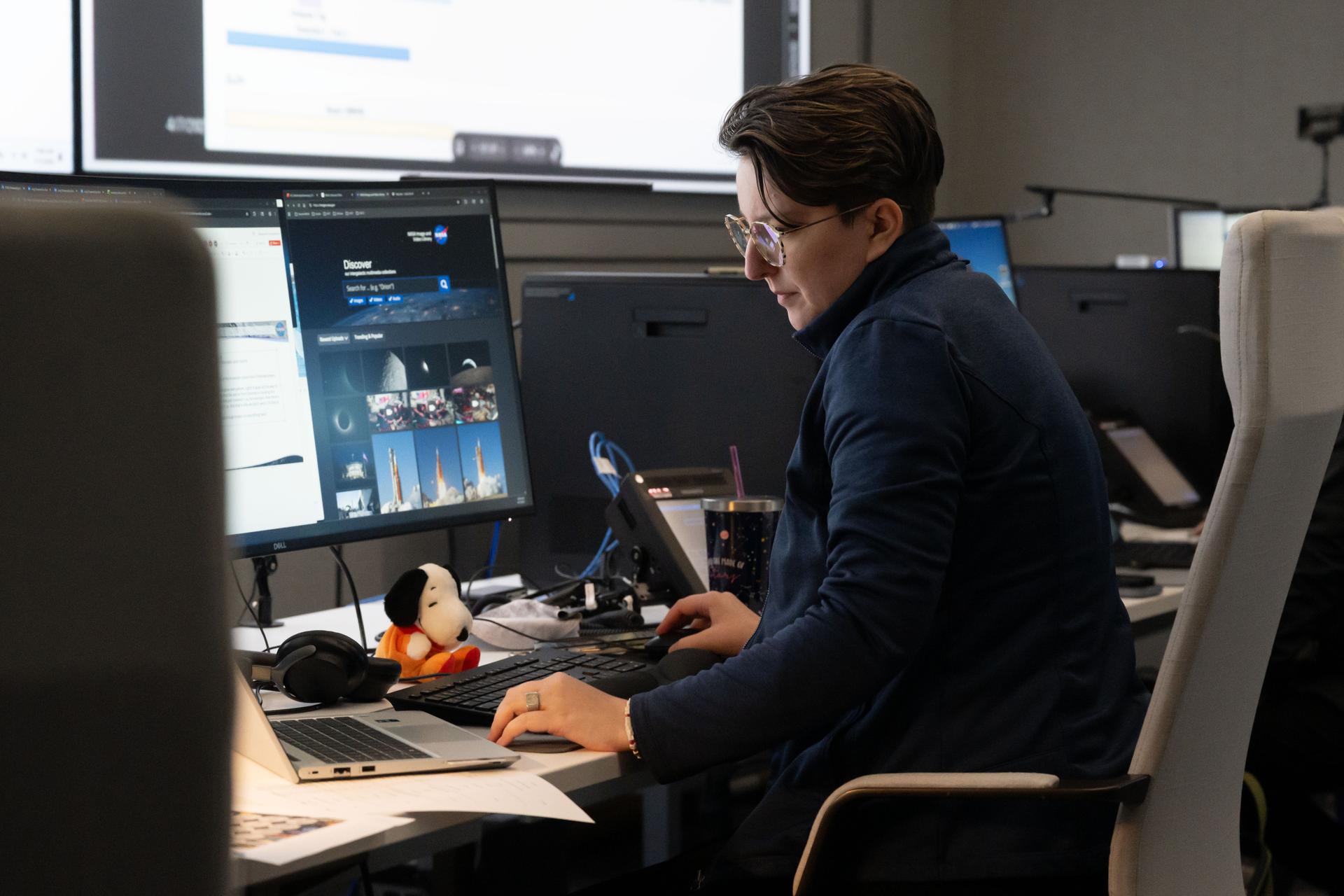 Artemis lunar science team member, Alexandra Constantinou, works in the Science Mission Operations Room at NASA’s Johnson Space Center in Houston, where scientists analyzed imagery and audio recordings of lunar observations captured by the Artemis II astronauts during their lunar flyby on April 6, 2026. Credits: NASA/Helen Arase Vargas