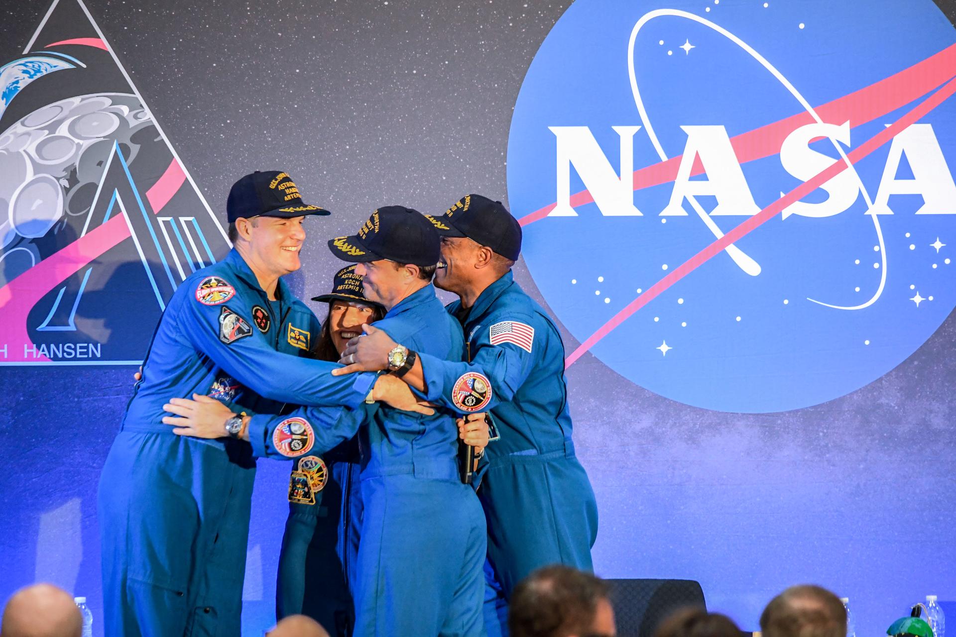 jsc2026e022292 (April 11, 2026) - NASA’s Artemis II crew, NASA astronauts Reid Wiseman, commander; Victor Glover, pilot; Christina Koch, mission...