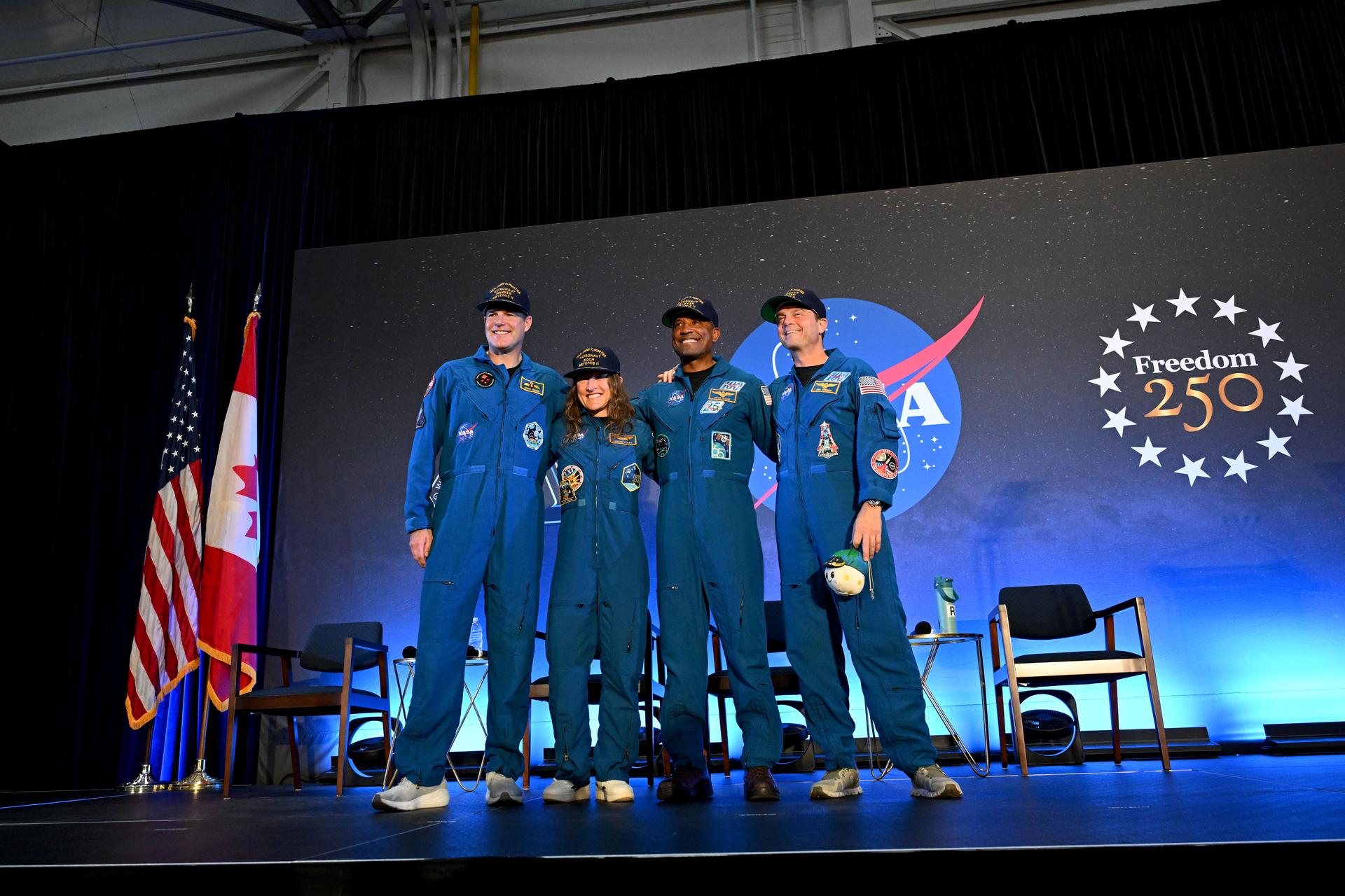 jsc2026e022310 (April 11, 2026) - NASA’s Artemis II crew, NASA astronauts Reid Wiseman, commander; Victor Glover, pilot; Christina Koch, mission...