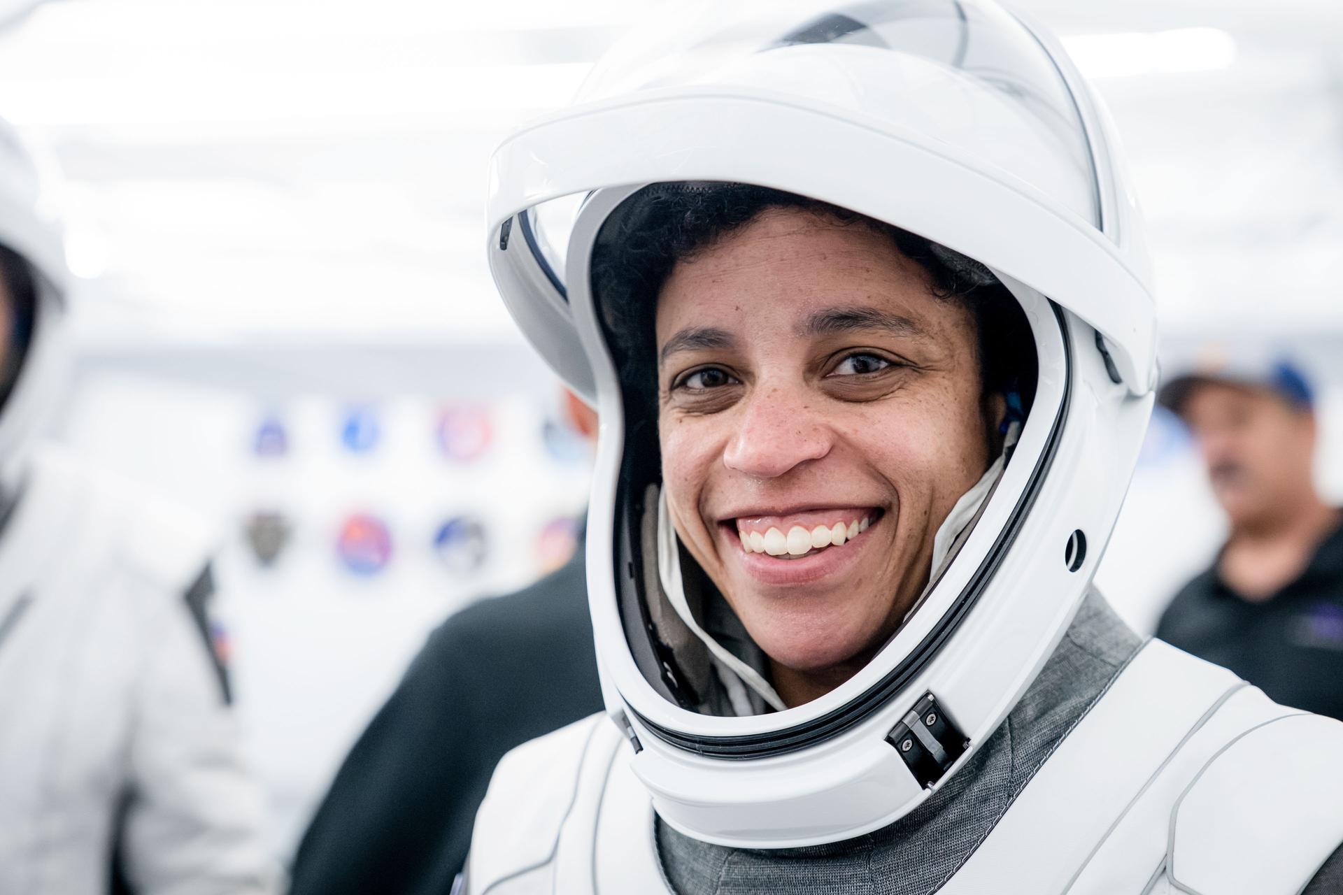 NASA astronaut and SpaceX Crew-13 Commander Jessica Watkins is pictured in her pressure suit during a training session at SpaceX headquarters in Hawthorne, California.