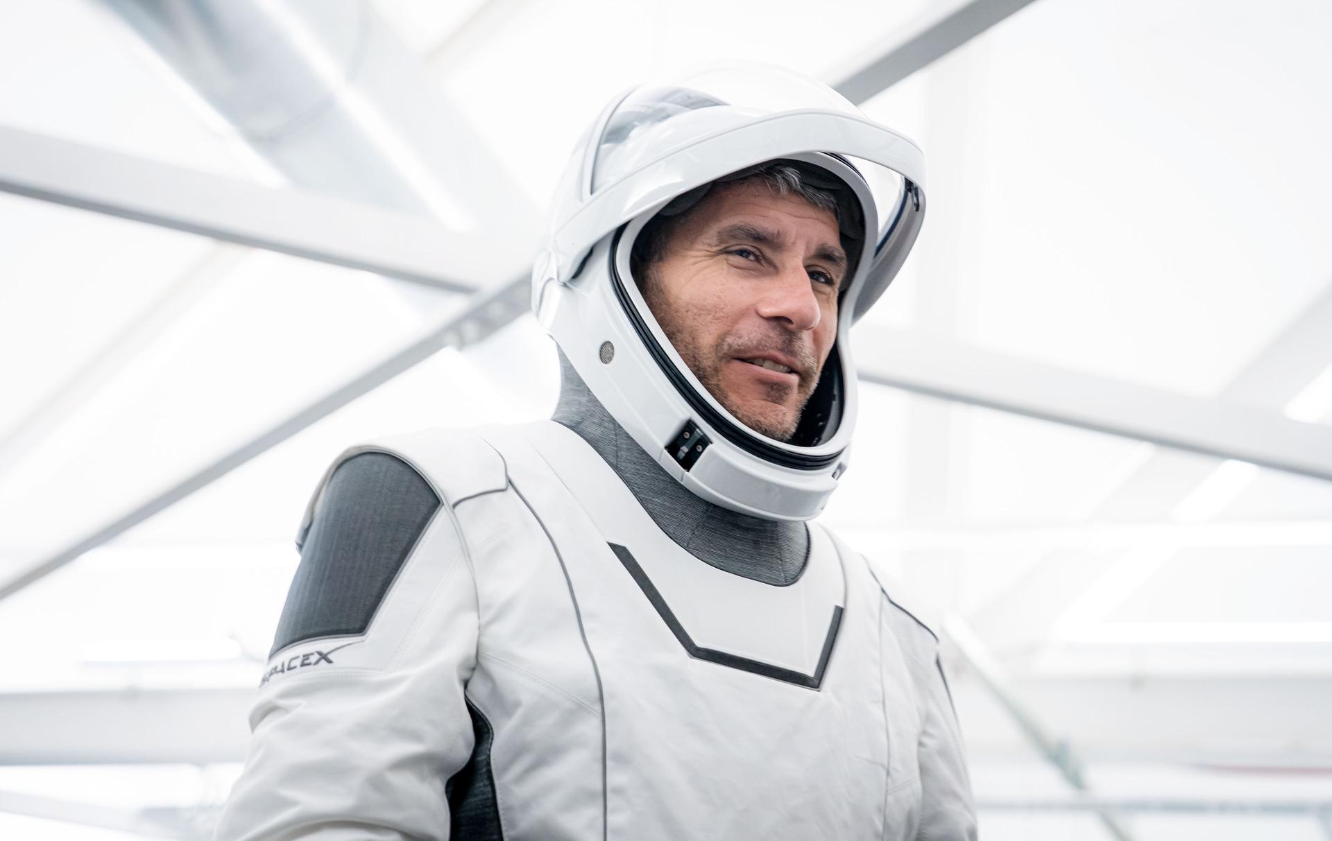 NASA astronaut and SpaceX Crew-13 Pilot Luke Delaney is pictured in his pressure suit during a training session at SpaceX headquarters in Hawthorne, California.