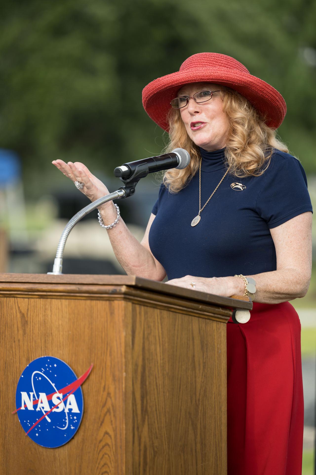 jsc2026e396732 (June 25, 2026) - Rosemary Roosa, president of The Moon Tree foundation and daughter of late Apollo 14 astronaut Stuart Roosa, shared brief remarks at an Artemis II employee celebration event at NASA's Johnson Space Center. Credit: NASA