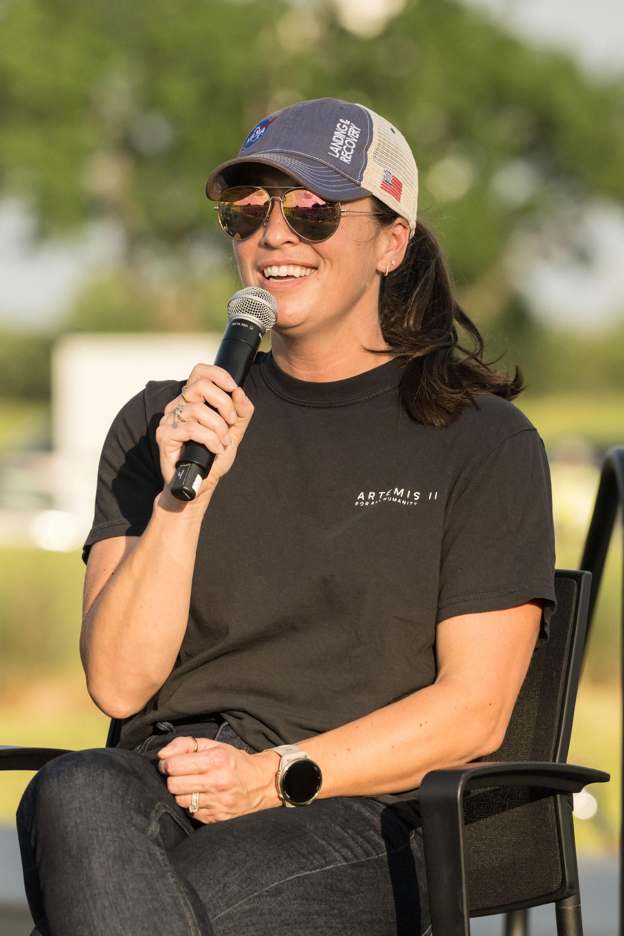 jsc2026e396779 (June 25, 2026) - Artemis II Orion Vehicle Manager Branelle Rodriguez answers questions from the Artemis II crew during an employee celebration event at NASA's Johnson Space Center.