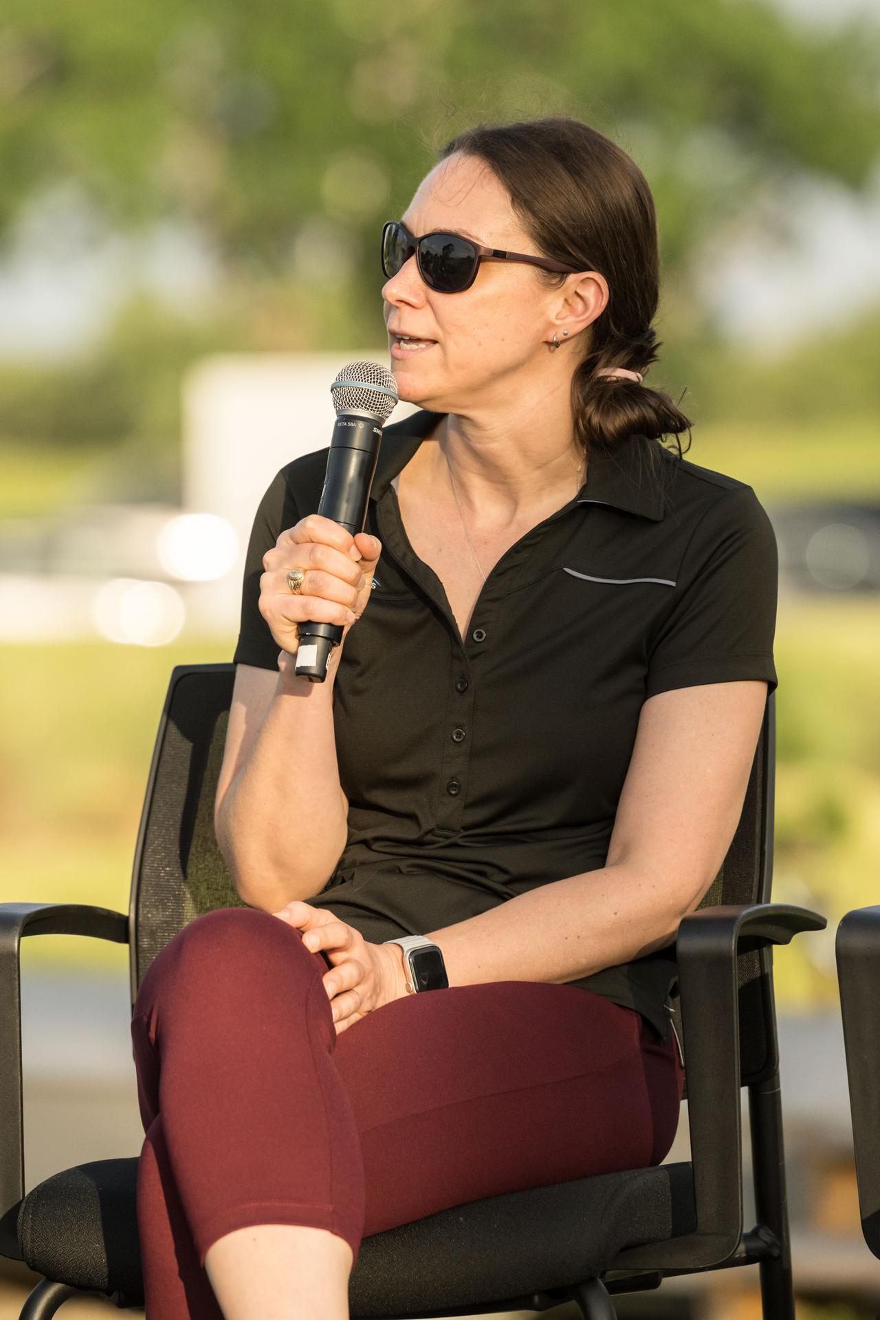 jsc2026e396783 (June 25, 2026) - Artemis II Chief Training Officer Jacki Mahaffey answers questions from the Artemis II crew during an employee celebration event at NASA's Johnson Space Center. Credit: NASA