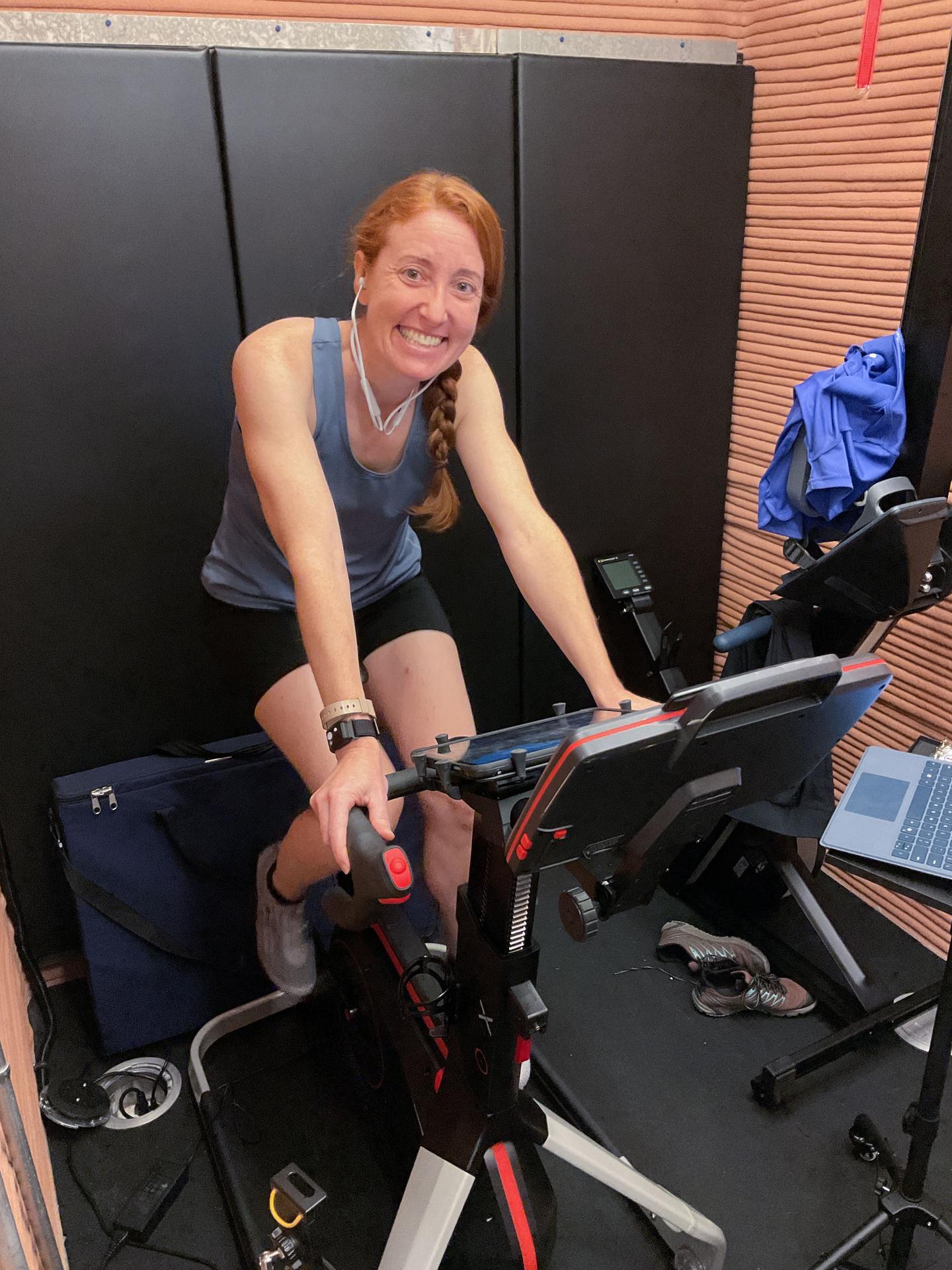 jsc2026e403156 (Oct. 25, 2025) -- Crew Health and Performance Exploration Analog (CHAPEA) mission 2 medical officer, Ellen Ellis, exercising in the habitat using a stationary bike. Credit: NASA
