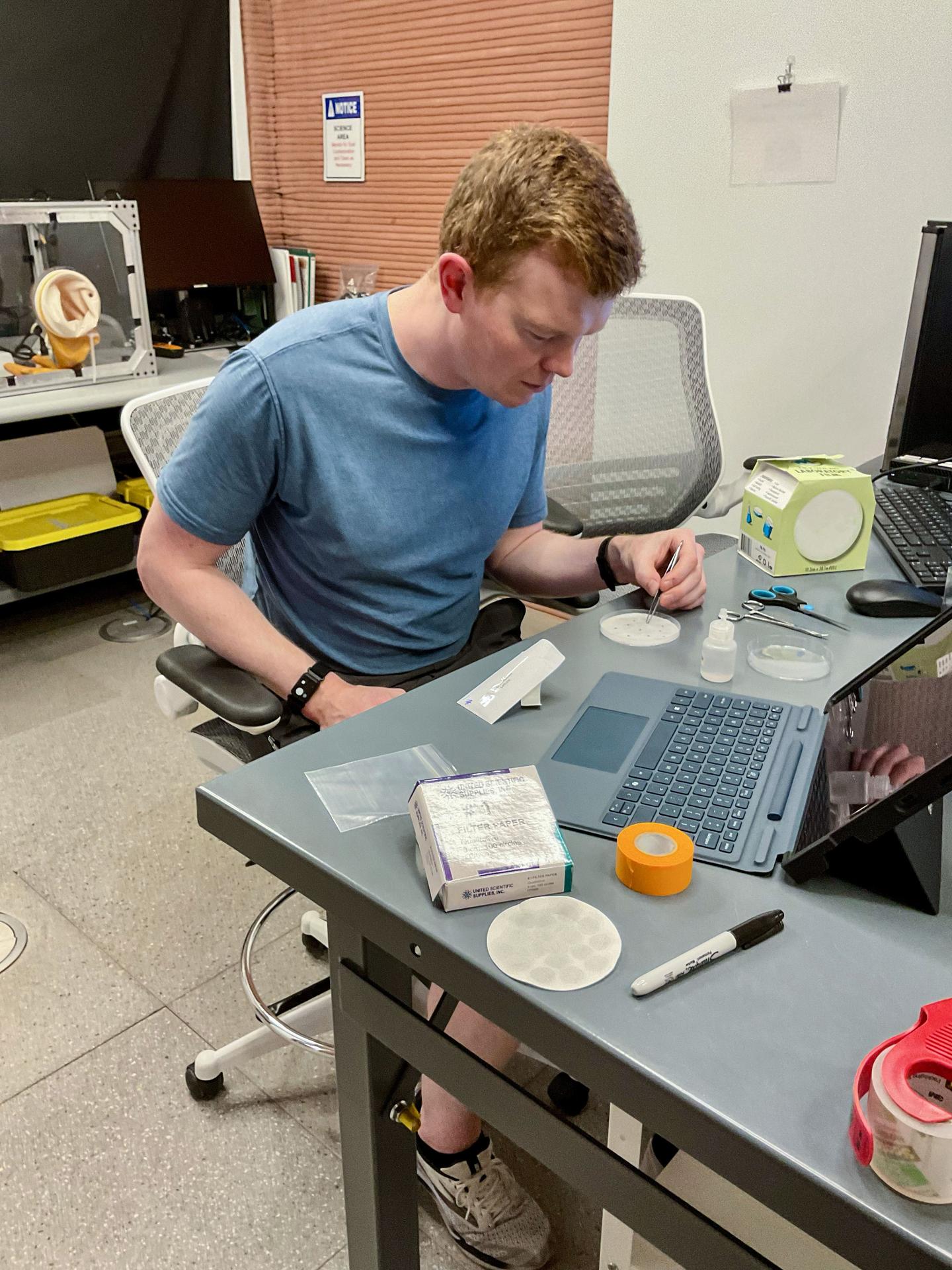 jsc2026e403161 (Oct. 21, 2025) -- Crew Health and Performance Exploration Analog (CHAPEA) mission 2 flight engineer, James Spicer, working on a science task involving seed germination. Credit: NASA