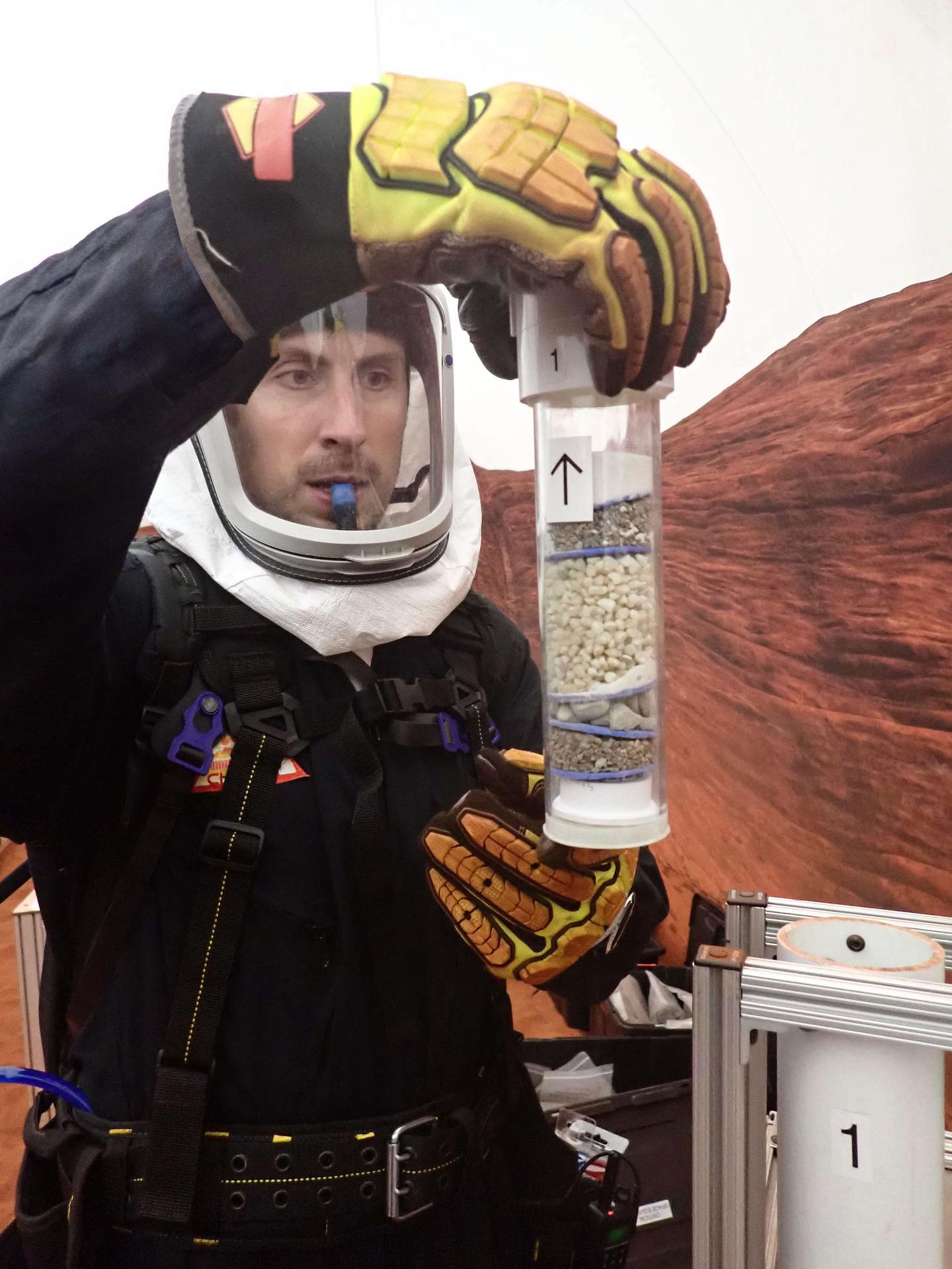jsc2026e403164 (Nov. 28, 2025) -- Ross Elder, Crew Health and Performance Exploration Analog (CHAPEA) Mission 2 commander, participates in an extravehicular geological activity. Credit: NASA