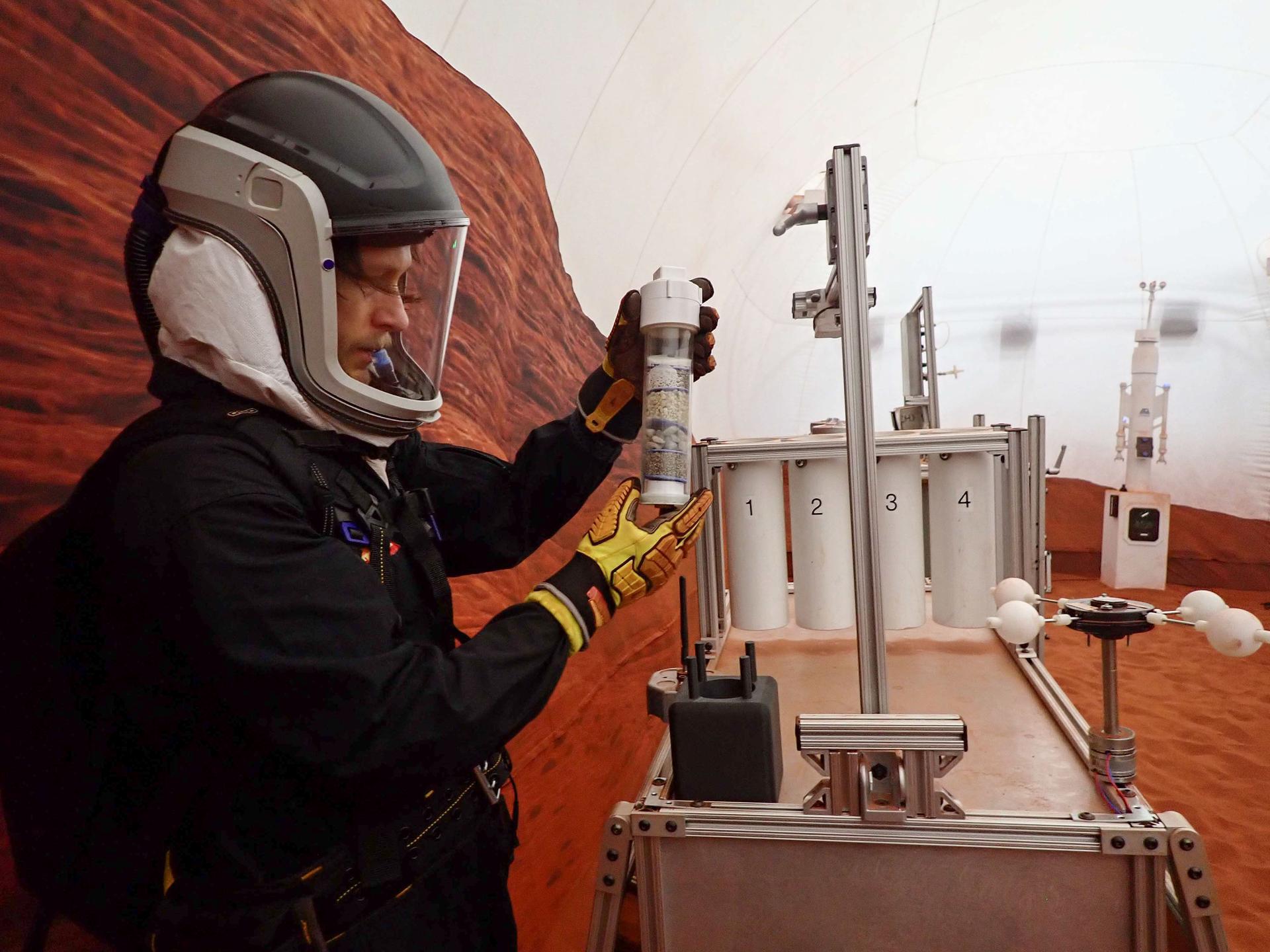 jsc2026e403165 (Jan. 22, 2026) -- Matthew Montgomery, Crew Health and Performance Exploration Analog (CHAPEA) Mission 2 science officer, participates in an extravehicular geological activity. Credit: NASA