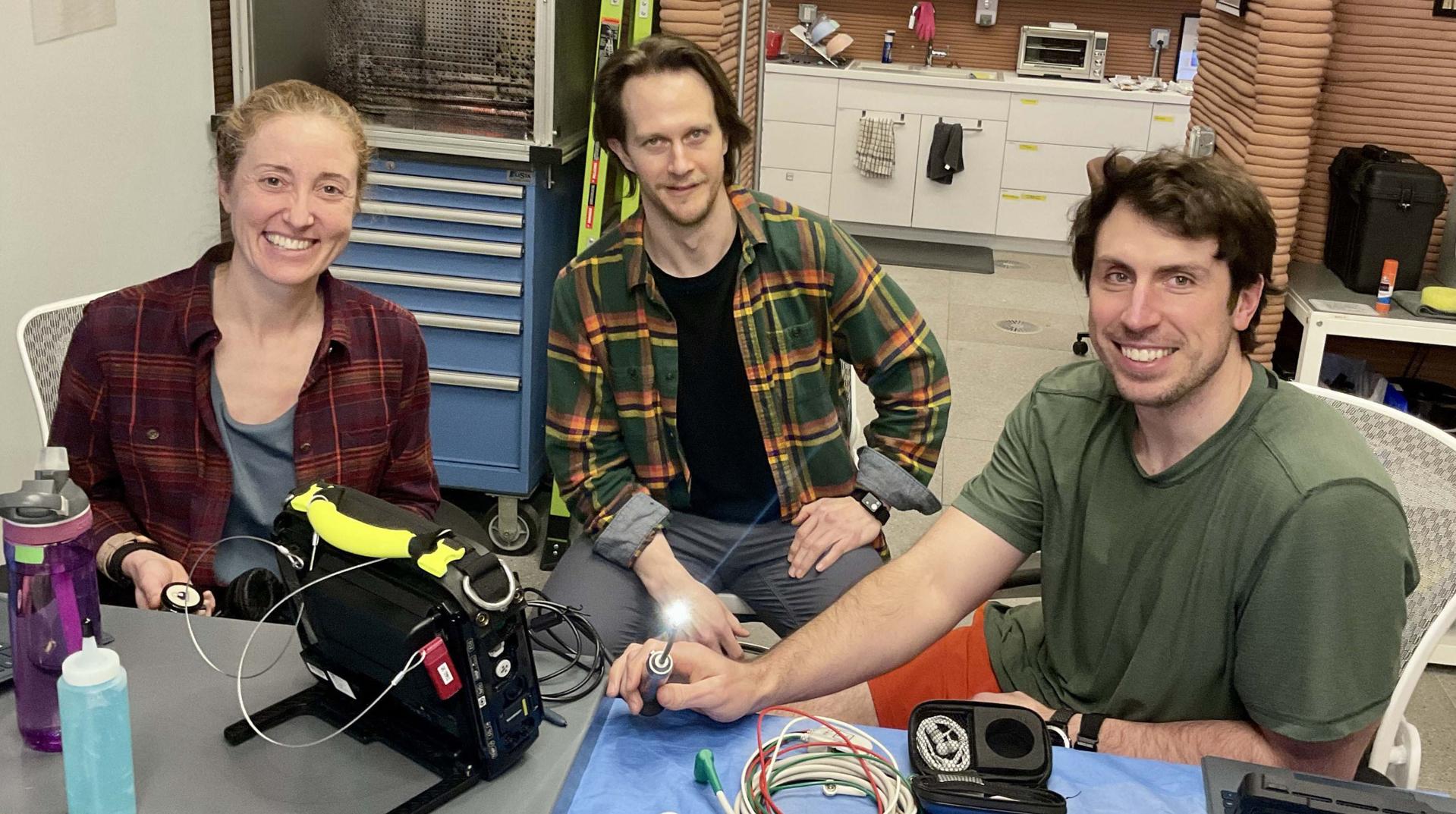 jsc2026e403167 (Feb. 13, 2026) -- The Crew Health and Performance Exploration Analog (CHAPEA) Mission 2 crew working on improving procedures for various medical scenarios using a new medical monitoring device. (From left: Ellen Ellis, Matthew Montgomery, Ross Elder). Credit: NASA