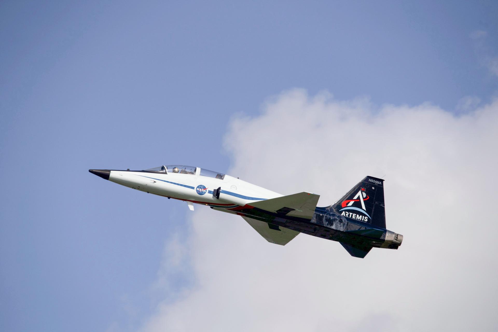 jsc2026e410176 (Aug. 6, 2026) - NASA's T-38 N924NA debuted an updated livery honoring the Artemis Program. Astronauts fly in T-38s to train for making real-time decisions in a high-stakes, operational environment. This helps prepare them for the fast-paced mission moments they’ll experience on future spaceflights to the International Space Station or the Moon and beyond.  Credit: NASA/Brendan "Finnie" Finnegan