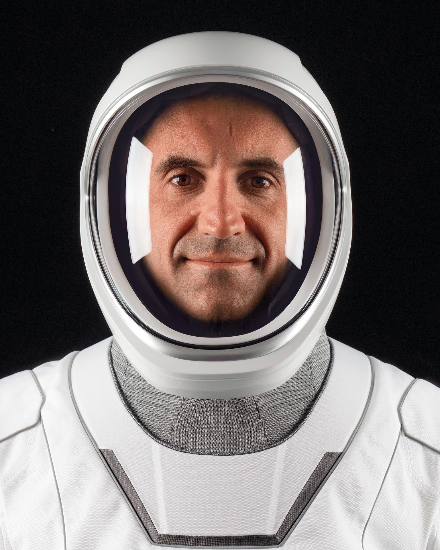 Roscosmos cosmonaut Sergey Teteryatnikov, mission specialist of NASA’s SpaceX Crew-13 mission to the International Space Station, poses for a portrait in his pressure suit at SpaceX headquarters in Hawthorne, California.