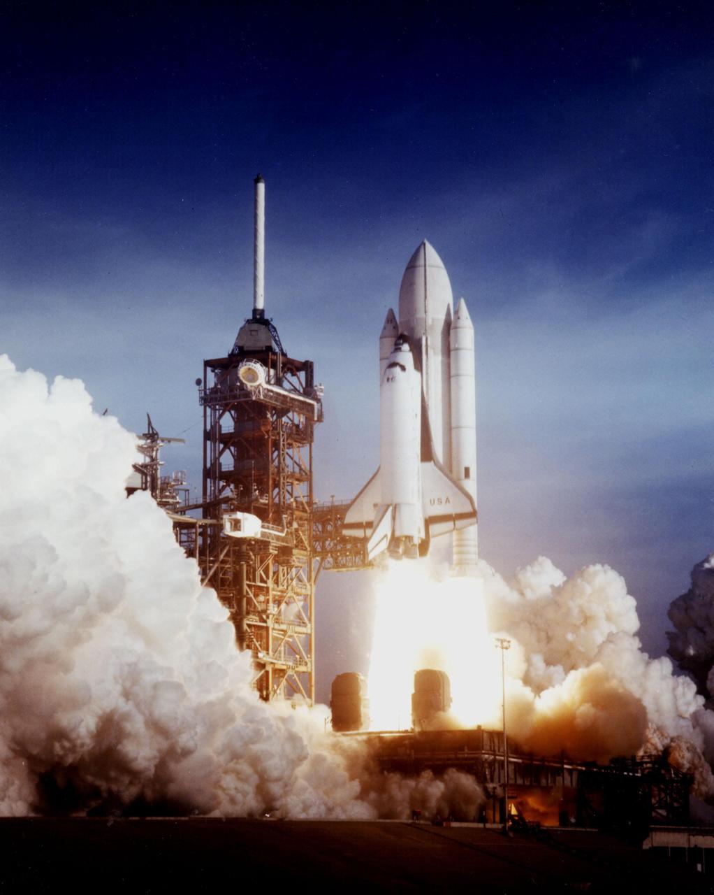 KENNEDY SPACE CENTER, FLA. -- After six years of silence, the thunder of manned space flight is heard again as the successful launch of the first Space Shuttle ushers in a new concept in utilization of space. The April 12 launch at Pad 39A, just seconds past 7 a.m., carries astronauts John Young and Robert Crippen into an Earth orbital mission scheduled to last for 54 hours, ending with unpowered landing at Edwards Air Force Base in California. STS-1, the first in a series of shuttle vehicles planned for the Space Transportation sysstem, utilizes reusable launch and return components