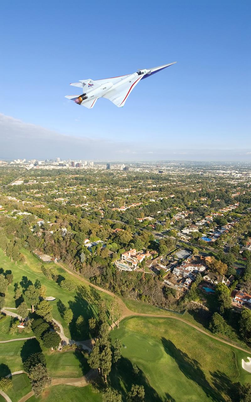 An artist illustration of the Low-Boom Flight Demonstration vehicle flying over a community.