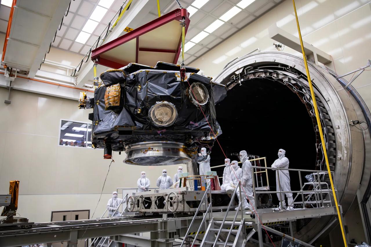 These photos and timelapse show NASA’s IMAP mission being loaded into the thermal vacuum chamber of NASA Marshall Space Flight Center’s X-Ray and Cryogenic Facility (XRCF) in Huntsville, Alabama. IMAP arrived at Marshall March 18 and was loaded into the chamber March 19. IMAP will undergo testing such as dramatic temperature changes to simulate the harsh environment of space. The XRCF’s vacuum chamber is is 20 feet in diameter and 60 feet long making it one of the largest across NASA. The IMAP mission is a modern-day celestial cartographer that will map the solar system by studying the heliosphere, a giant bubble created by the Sun’s solar wind that surrounds our solar system and protects it from harmful interstellar radiation. Photos and video courtesy of Ed Whitman from Johns Hopkins University’s Applied Physics Laboratory. For more information, contact NASA Marshall’s Office of Communications at 256-544-0034. 