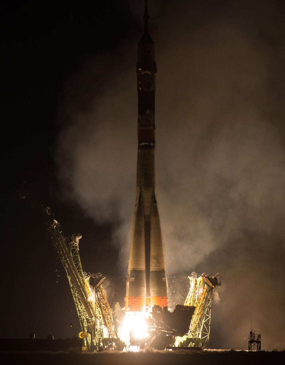 The Soyuz TMA-20M rocket launches from the Baikonur Cosmodrome in Kazakhstan on Saturday, March 19, 2016 carrying Expedition 47 Soyuz Commander Alexey Ovchinin of Roscosmos, Flight Engineer Jeff Williams of NASA, and Flight Engineer Oleg Skripochka of Roscosmos into orbit to begin their five and a half month mission on the International Space Station. (Photo Credit: NASA/Aubrey Gemignani)
