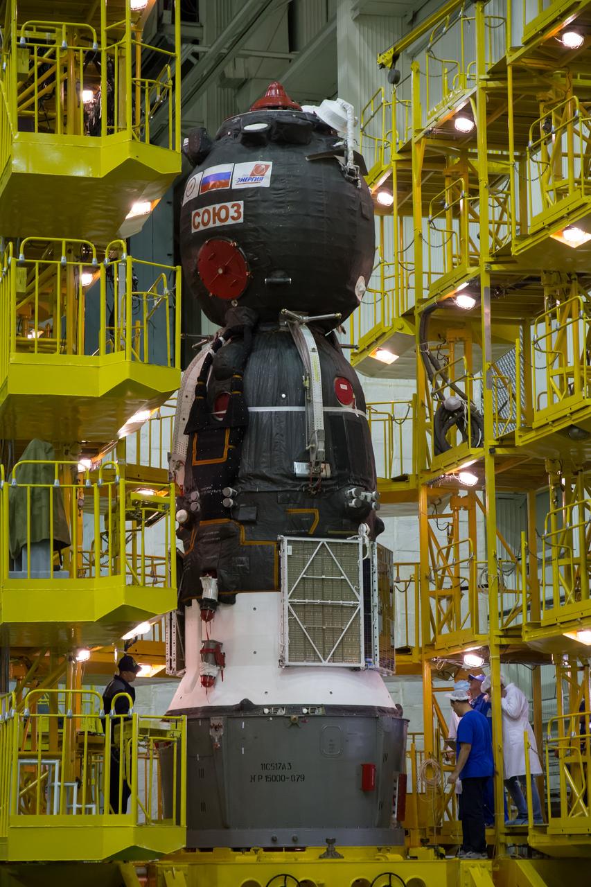 The Soyuz MS-02 spacecraft is seen prior to being encapsulated in its fairing on Thursday, Sept. 15, 2016 at the Baikonur Cosmodrome in Kazakhstan. Expedition 49 flight engineer Shane Kimbrough of NASA, flight engineer Andrey Borisenko of Roscosmos, and Soyuz commander Sergey Ryzhikov of Roscosmos are scheduled to launch to the International Space Station aboard the Soyuz MS-02 spacecraft from the Baikonur Cosmodrome on September 24 Kazakh time. Photo Credit: (NASA/Victor Zelentsov)