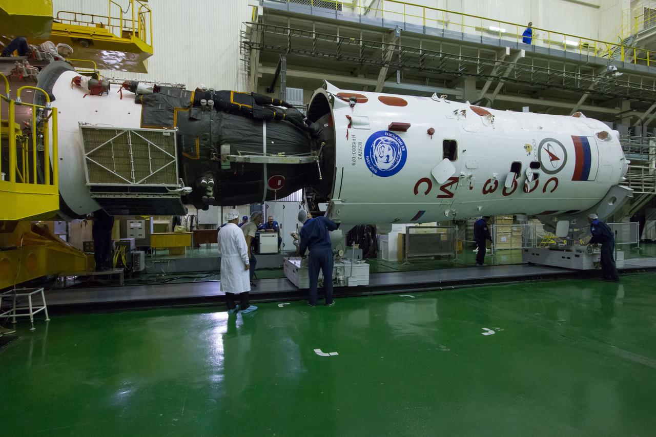 The Soyuz MS-02 spacecraft is seen as while being encapsulated in its fairing on Thursday, Sept. 15, 2016 at the Baikonur Cosmodrome in Kazakhstan. Expedition 49 flight engineer Shane Kimbrough of NASA, flight engineer Andrey Borisenko of Roscosmos, and Soyuz commander Sergey Ryzhikov of Roscosmos are scheduled to launch to the International Space Station aboard the Soyuz MS-02 spacecraft from the Baikonur Cosmodrome on September 24 Kazakh time. Photo Credit: (NASA/Victor Zelentsov)