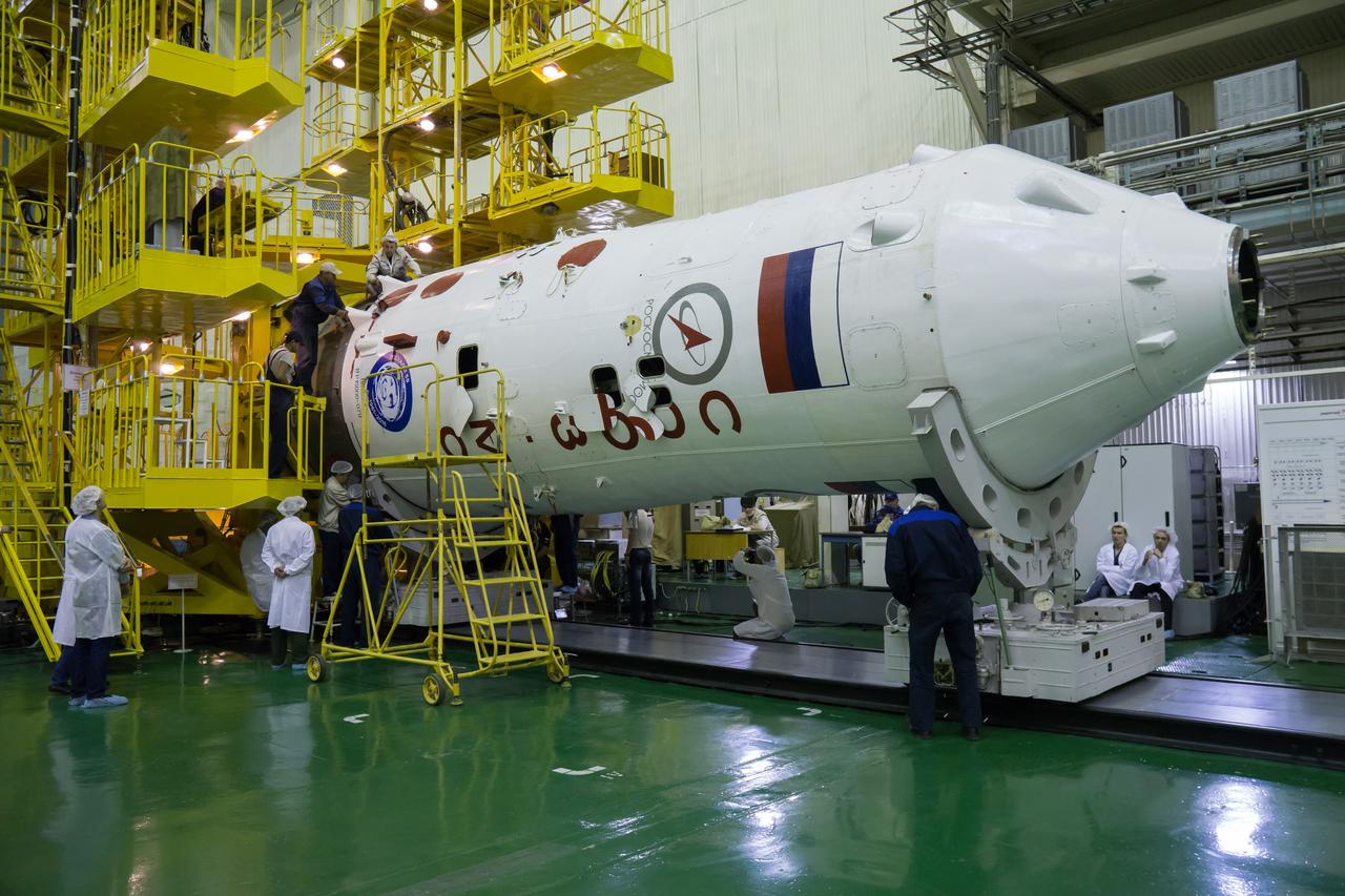 The Soyuz MS-02 spacecraft is seen after being encapsulated in its fairing on Thursday, Sept. 15, 2016 at the Baikonur Cosmodrome in Kazakhstan. Expedition 49 flight engineer Shane Kimbrough of NASA, flight engineer Andrey Borisenko of Roscosmos, and Soyuz commander Sergey Ryzhikov of Roscosmos are scheduled to launch to the International Space Station aboard the Soyuz MS-02 spacecraft from the Baikonur Cosmodrome on September 24 Kazakh time. Photo Credit: (NASA/Victor Zelentsov)