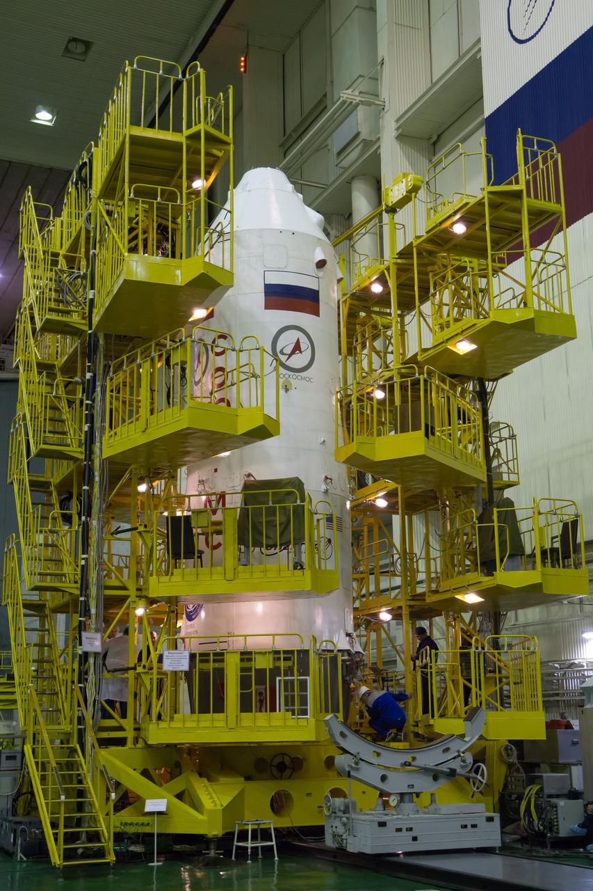 The Soyuz MS-02 spacecraft is seen after being encapsualted in its fairing on Thursday, Sept. 15, 2016 at the Baikonur Cosmodrome in Kazakhstan. Expedition 49 flight engineer Shane Kimbrough of NASA, flight engineer Andrey Borisenko of Roscosmos, and Soyuz commander Sergey Ryzhikov of Roscosmos are scheduled to launch to the International Space Station aboard the Soyuz MS-02 spacecraft from the Baikonur Cosmodrome on September 24 Kazakh time. Photo Credit: (NASA/Victor Zelentsov)