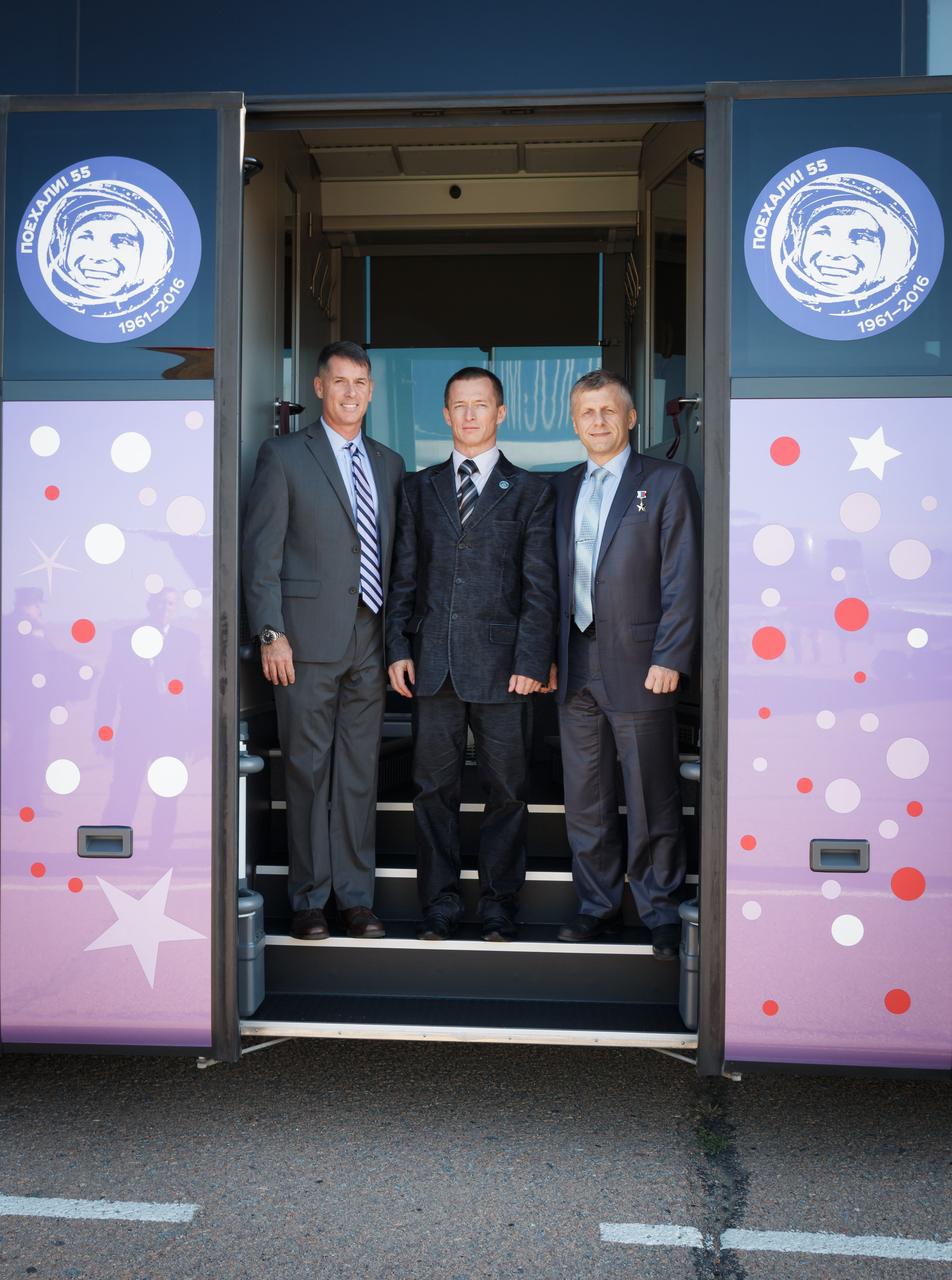 Expedition 49 crew members Shane Kimbrough of NASA, left, Sergey Ryzhikov, center, and Andrey Borisenko of Roscosmos, left, pose for a picture after arriving in Baikonur, Kazakhstan on Friday, Oct. 7, 2016. The trio are preparing for launch to the International Spacestation in their Soyuz MS-02 spacecraft from the Baikonur Cosmodrome in Kazakhstan on October 19, 2016. Photo Credit: (NASA/Victor Zelentsov)