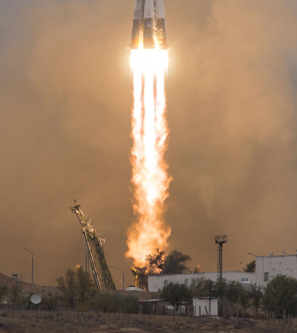 The Soyuz MS-02 rocket is launched with Expedition 49 Soyuz commander Sergey Ryzhikov of Roscosmos, flight engineer Shane Kimbrough of NASA, and flight engineer Andrey Borisenko of Roscosmos, Wednesday, Oct. 19, 2016 at the Baikonur Cosmodrome in Kazakhstan. Ryzhikov, Kimbrough, and Borisenko will spend the next four months living and working aboard the International Space Station. Photo Credit: (NASA/Joel Kowsky)