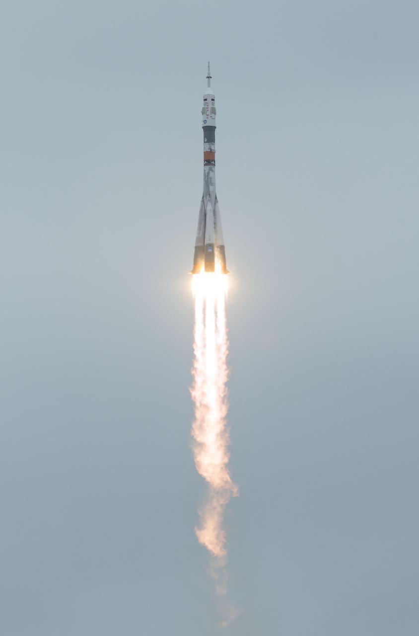 The Soyuz MS-02 rocket is launched with Expedition 49 Soyuz commander Sergey Ryzhikov of Roscosmos, flight engineer Shane Kimbrough of NASA, and flight engineer Andrey Borisenko of Roscosmos, Wednesday, Oct. 19, 2016 at the Baikonur Cosmodrome in Kazakhstan. Ryzhikov, Kimbrough, and Borisenko will spend the next four months living and working aboard the International Space Station. Photo Credit: (NASA/Joel Kowsky)