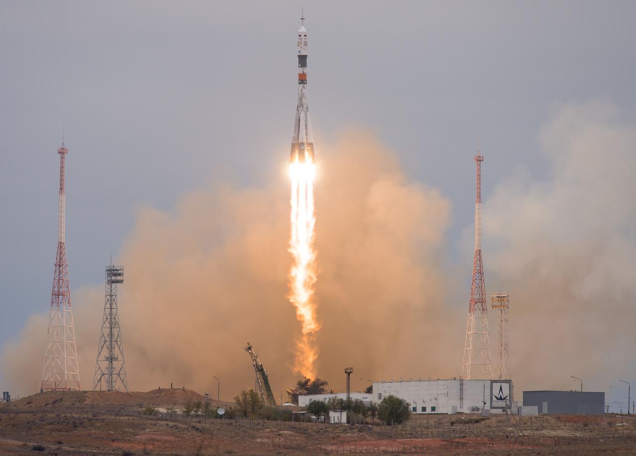 The Soyuz MS-02 rocket is launched with Expedition 49 Soyuz commander Sergey Ryzhikov of Roscosmos, flight engineer Shane Kimbrough of NASA, and flight engineer Andrey Borisenko of Roscosmos, Wednesday, Oct. 19, 2016 at the Baikonur Cosmodrome in Kazakhstan. Ryzhikov, Kimbrough, and Borisenko will spend the next four months living and working aboard the International Space Station. Photo Credit: (NASA/Joel Kowsky)