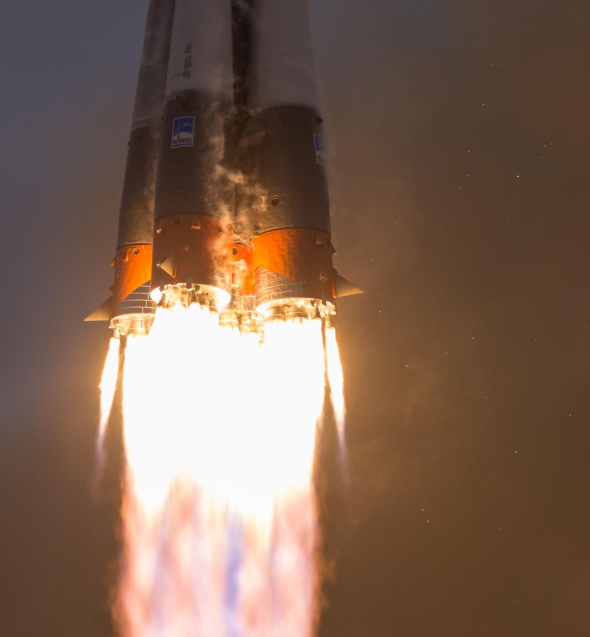 The Soyuz MS-02 rocket is launched with Expedition 49 Soyuz commander Sergey Ryzhikov of Roscosmos, flight engineer Shane Kimbrough of NASA, and flight engineer Andrey Borisenko of Roscosmos, Wednesday, Oct. 19, 2016 at the Baikonur Cosmodrome in Kazakhstan. Ryzhikov, Kimbrough, and Borisenko will spend the next four months living and working aboard the International Space Station. Photo Credit: (NASA/Joel Kowsky)