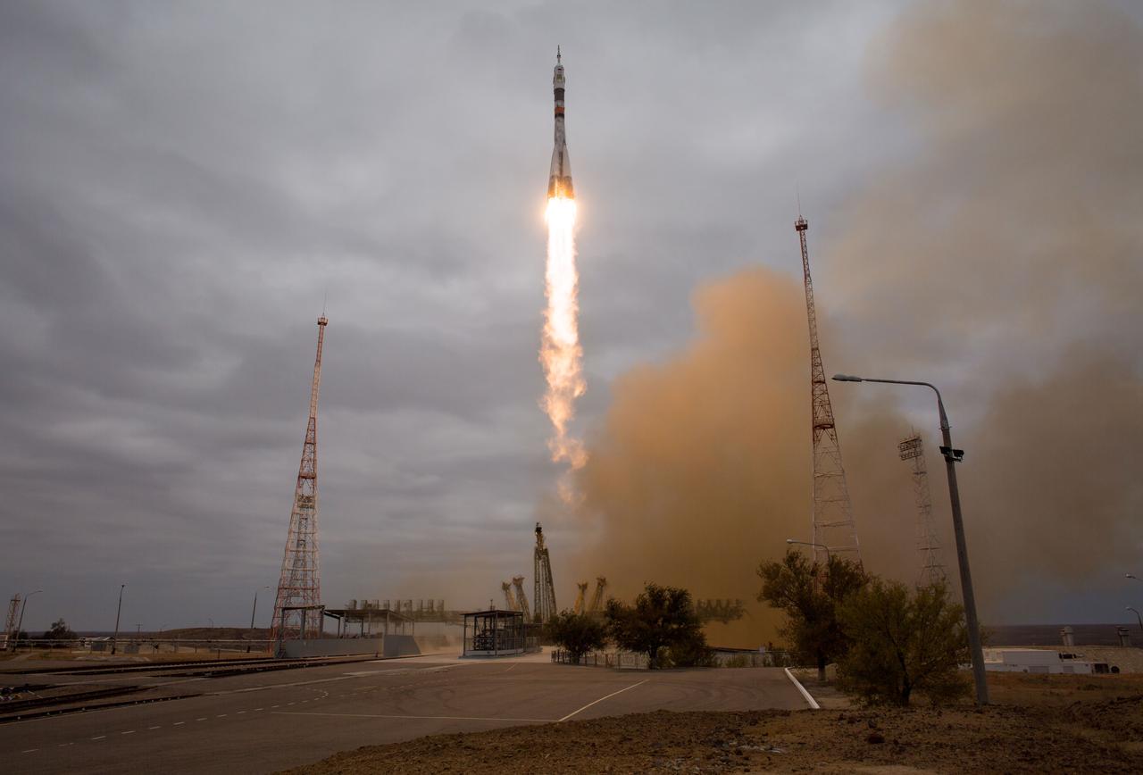 The Soyuz MS-02 rocket is launched with Expedition 49 Soyuz commander Sergey Ryzhikov of Roscosmos, flight engineer Shane Kimbrough of NASA, and flight engineer Andrey Borisenko of Roscosmos, Wednesday, Oct. 19, 2016 at the Baikonur Cosmodrome in Kazakhstan. Ryzhikov, Kimbrough, and Borisenko will spend the next four months living and working aboard the International Space Station. Photo Credit: (NASA/Joel Kowsky)