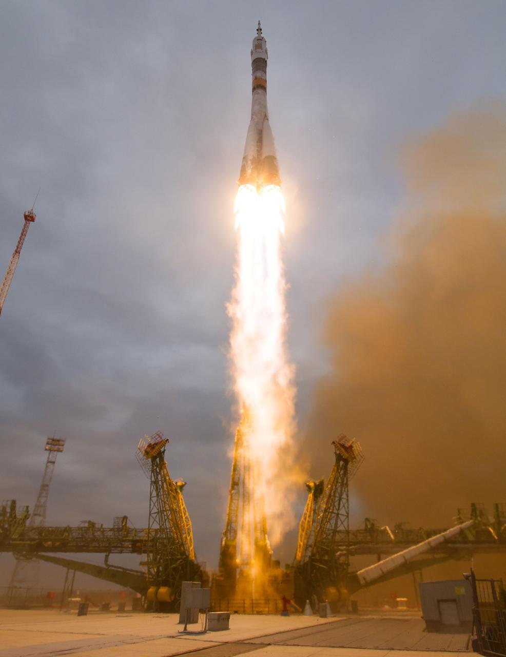 The Soyuz MS-02 rocket is launched with Expedition 49 Soyuz commander Sergey Ryzhikov of Roscosmos, flight engineer Shane Kimbrough of NASA, and flight engineer Andrey Borisenko of Roscosmos, Wednesday, Oct. 19, 2016 at the Baikonur Cosmodrome in Kazakhstan. Ryzhikov, Kimbrough, and Borisenko will spend the next four months living and working aboard the International Space Station. Photo Credit: (NASA/Joel Kowsky)