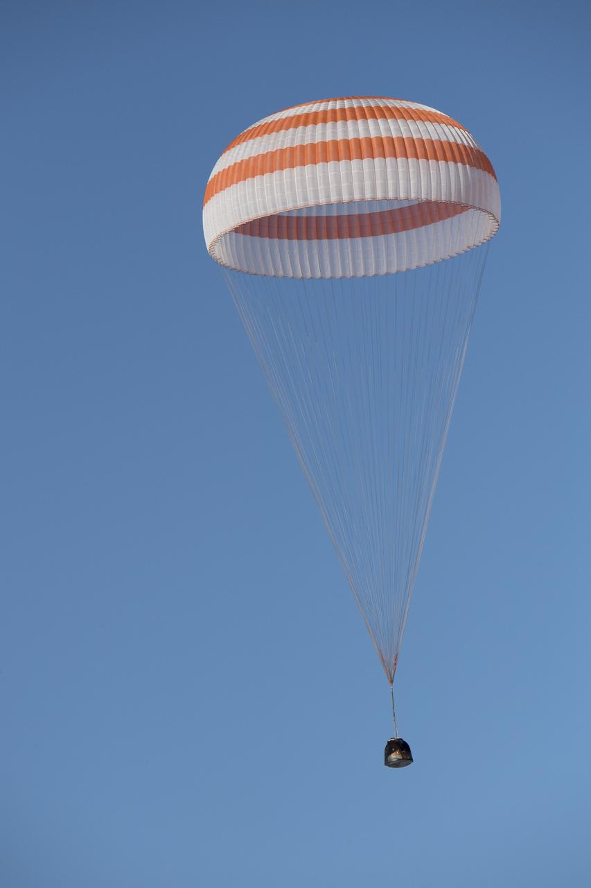 nhq201704100008 (April 10, 2017) --- The Soyuz MS-02 spacecraft is seen as it lands with Expedition 50 Commander Shane Kimbrough of NASA and Flight Engineers Sergey Ryzhikov and Andrey Borisenko of Roscosmos near the town of Zhezkazgan, Kazakhstan on Monday, April 10, 2017 (Kazakh time). Kimbrough, Ryzhikov, and Borisenko are returning after 173 days in space where they served as members of the Expedition 49 and 50 crews onboard the International Space Station. Photo Credit: (NASA/Bill Ingalls)