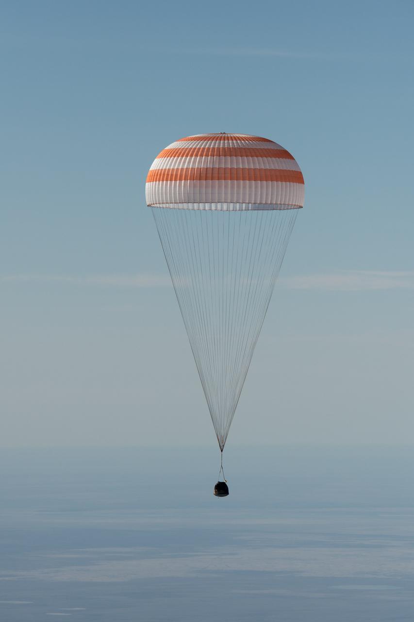 nhq201704100011 (April 10, 2017) --- The Soyuz MS-02 spacecraft is seen as it lands with Expedition 50 Commander Shane Kimbrough of NASA and Flight Engineers Sergey Ryzhikov and Andrey Borisenko of Roscosmos near the town of Zhezkazgan, Kazakhstan on Monday, April 10, 2017 (Kazakh time). Kimbrough, Ryzhikov, and Borisenko are returning after 173 days in space where they served as members of the Expedition 49 and 50 crews onboard the International Space Station. Photo Credit: (NASA/Bill Ingalls)