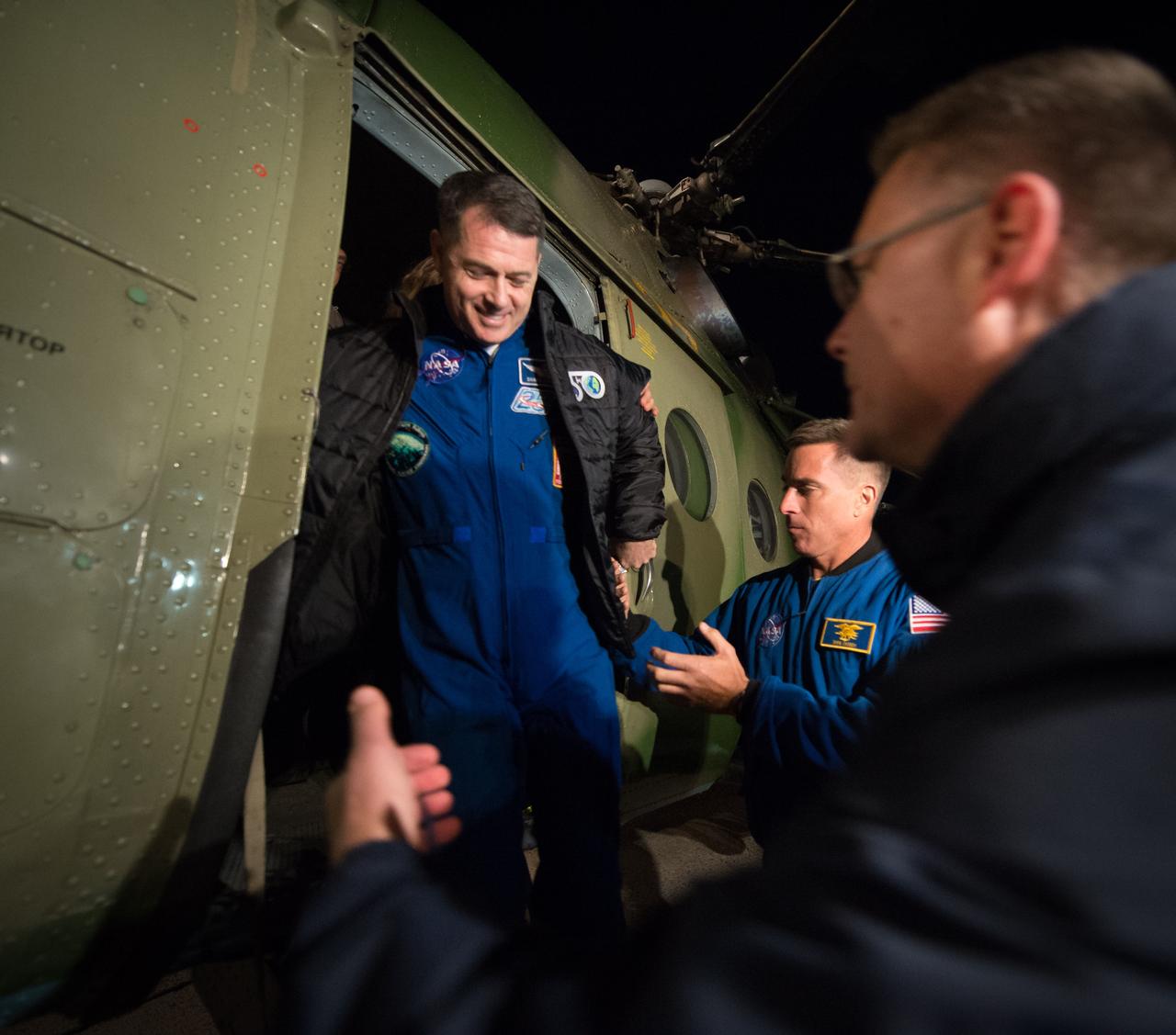 nhq201704100048 (April 10, 2017) --- NASA astronaut Shane Kimbrough arrives at the Karaganda Airport in Kazakhstan airport after he, Russian cosmonaut Sergey Ryzhikov of Roscosmos and, Russian cosmonaut Andrey Borisenko of Roscosmos landed in their Soyuz MS-02 spacecraft in a remote area near the town of Zhezkazgan, Kazakhstan on Monday, April 10, 2017 (Kazakh time). Kimbrough, Ryzhikov, and Borisenko are returning after 173 days in space where they served as members of the Expedition 49 and 50 crews onboard the International Space Station. Photo Credit: (NASA/Bill Ingalls)