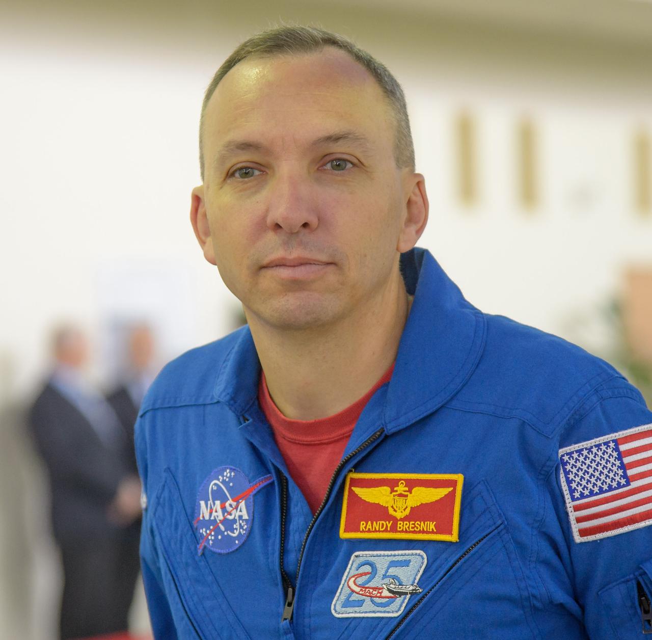 nhq2017070600119 (July 6, 2017) --- Expedition 52 flight engineer Randy Bresnik of NASA answers questions from the media as he and Paolo Nespoli of ESA, and Sergey Ryazanskiy of Roscosmos start their second to last day of qualification exams, Thursday, July 6, 2017 at the Gagarin Cosmonaut Training Center (GCTC) in Star City, Russia. Photo Credit: (NASA/Beth Weissinger)