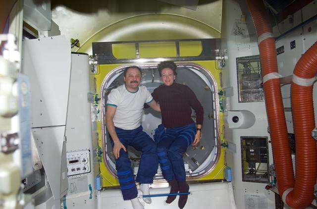 NASA image: Usachev and Kavandi in front of crewlock endcone new Quest airlock