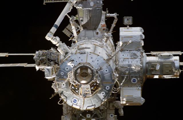 NASA image: Forward view of the ISS taken during STS-110's docking approach