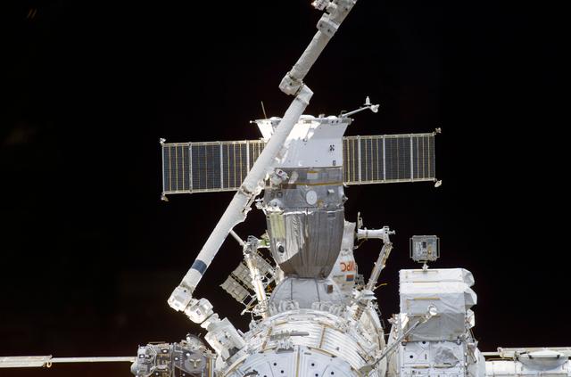 Forward view of the ISS taken during STS-110's docking approach