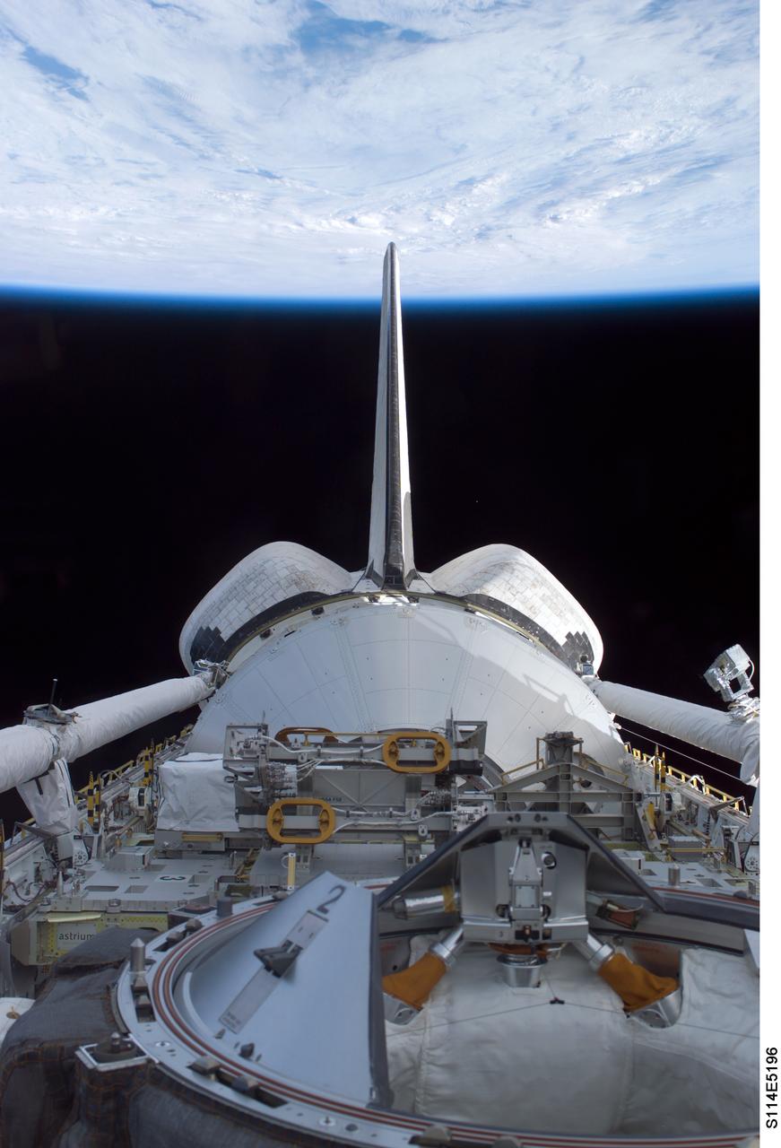 STS114-E-5196 (27 July 2005) --- Discovery's cargo bay over Earth's horizon was photographed by one of the seven STS-114 crew members as the astronauts move within 24 hours of docking with the International Space Station (ISS).