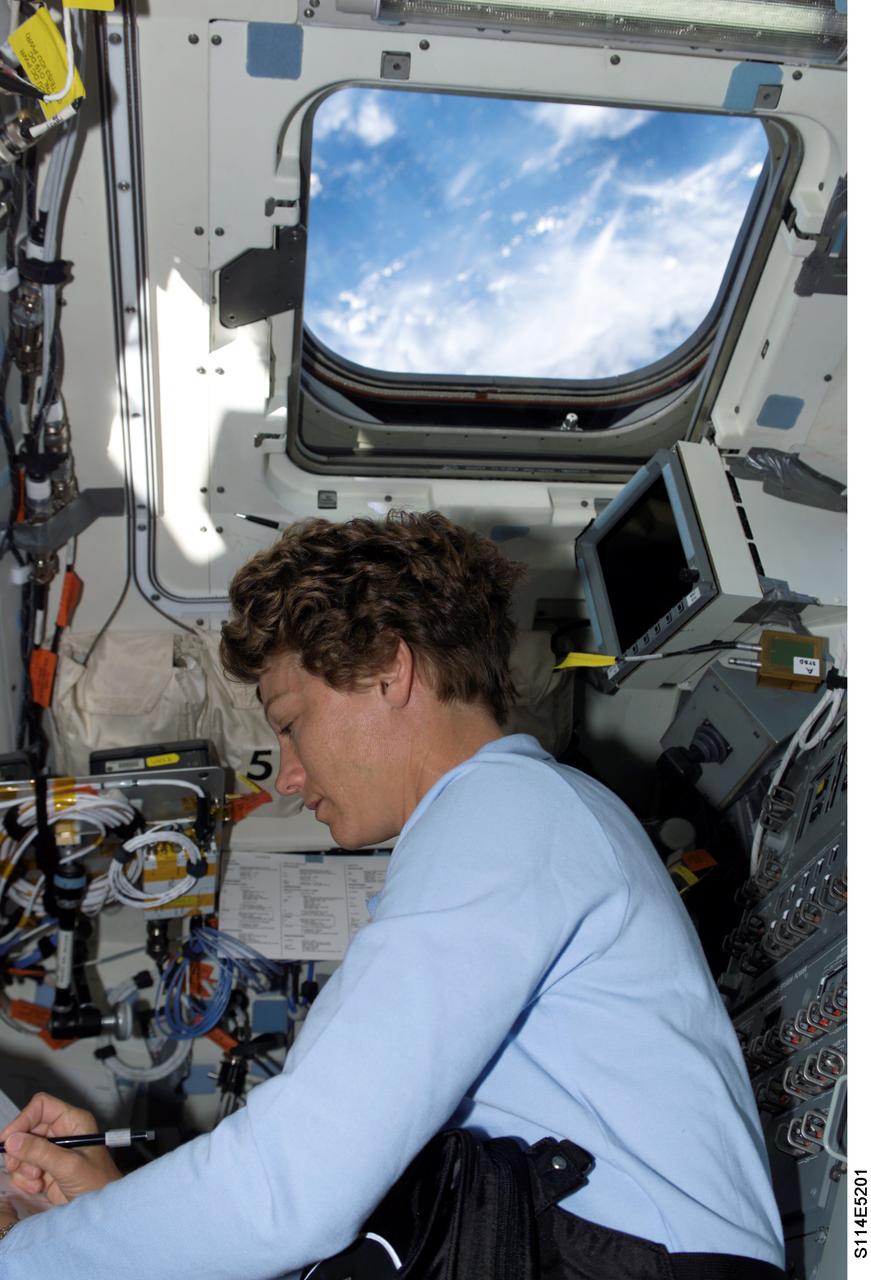 STS114-E-5201 (27 July 2005) --- Astronaut Eileen M. Collins, STS-114 commander, tends to a task on Discovery's aft flight deck.