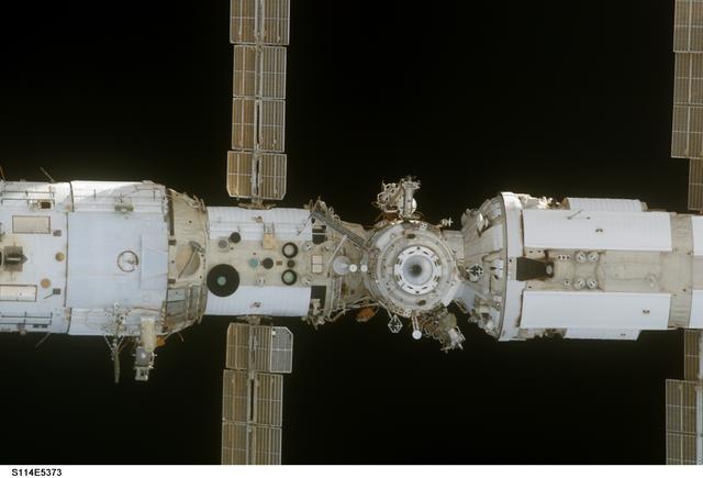 NASA image: Nadir (+ZA/Plane I) side of Zvezda Service Module (SM) and FGB / Zarya module