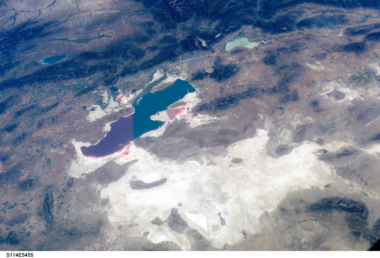 S114-E-5455 (27 July 2005) --- This digital still camera frame, showing the Great Salt Lake and Salt Lake City, is one of a series of photos of both domestic and world-wide targets of opportunity captured by the STS-114 astronauts. Salt Lake City is in the upper half of the photo between the Great Salt Lake and the smaller Lake Utah. A 28 mm lens was used to record the image.