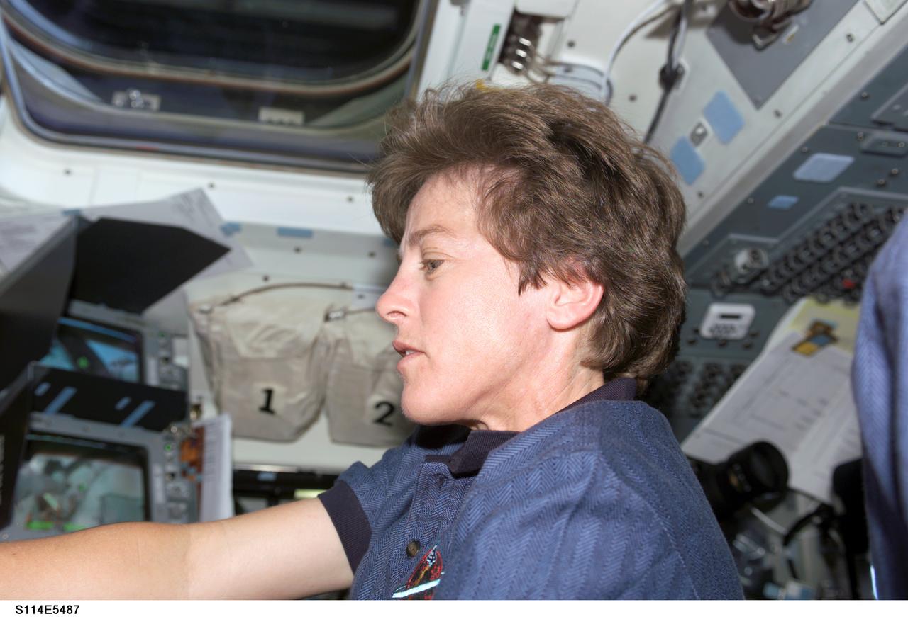 S114-E-5487 (28 July 2005) --- Astronaut Wendy Lawrence, STS-114 mission specialist, works at Discovery's aft flight deck where the controls for the Remote Manipulator System (RMS) are located. The Canadian-built robot arm and its Space Station counterpart or Canadarm2 will both be very instrumental in assisting the joint activities of the Shuttle and Station crew members over the next several days.