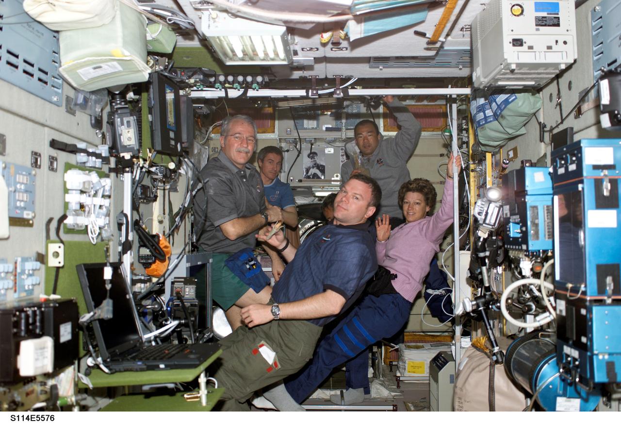 STS-114 and Expedition 11 crew during a break in Zvezda Service module