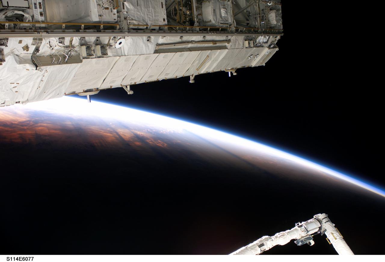 S114-E-6077 (30 July 2005) --- The blackness of space and Earth&#0146;s horizon form the backdrop for this view while Space Shuttle Discovery was docked to the International Space Station during the STS-114 mission. A portion of Discovery&#0146;s remote manipulator system (RMS) robotic arm is visible at lower right and a section of the Station&#0146;s truss is visible top frame.